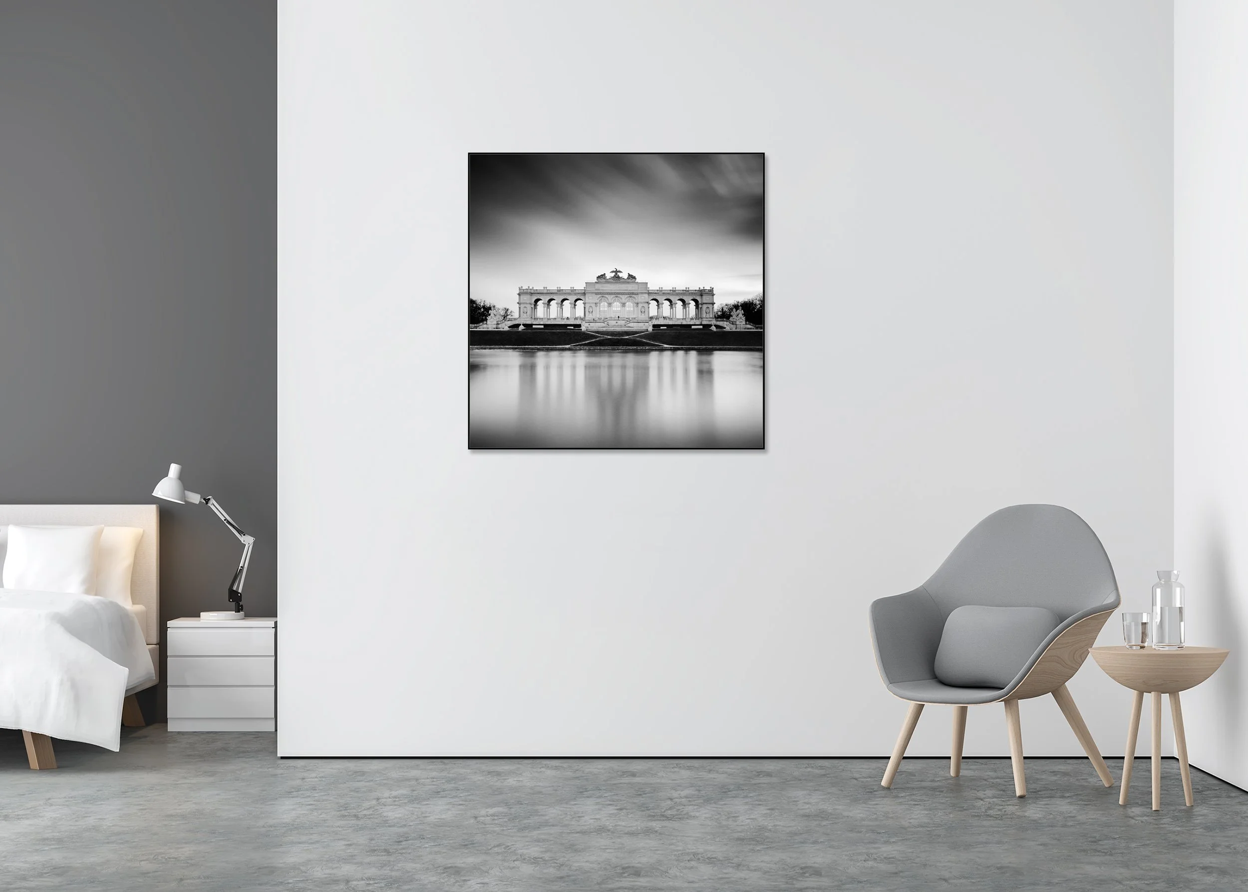 Gloriette Study 2 displayed in a modern interior, mounted on aluminium Dibond in a black ArtBox frame by Gerald Berghammer.