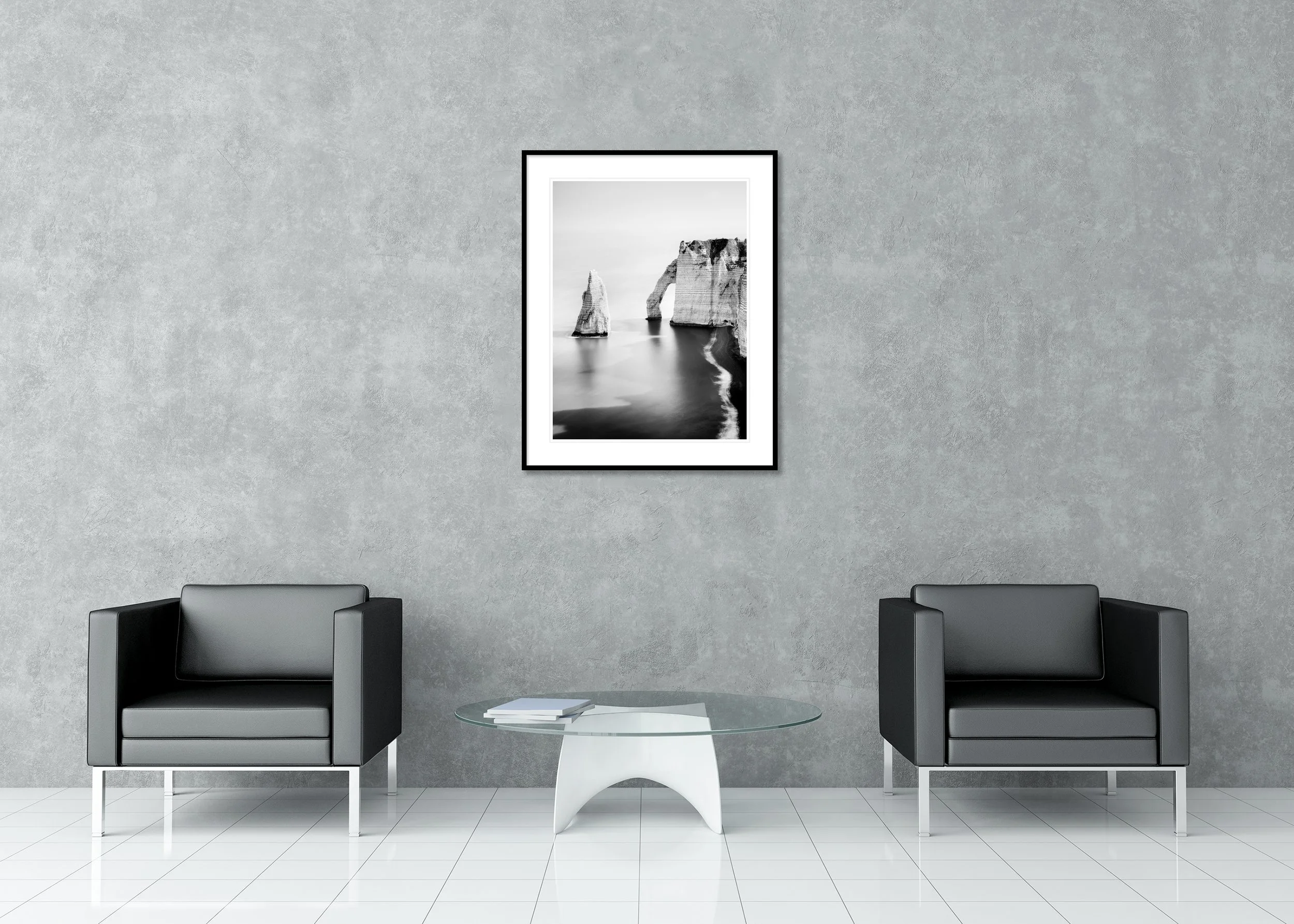 The Cliffs of Étretat, Study 3 – archival pigment print in an aluminium frame with a white mount displayed in a modern interior. Photo by Gerald Berghammer.