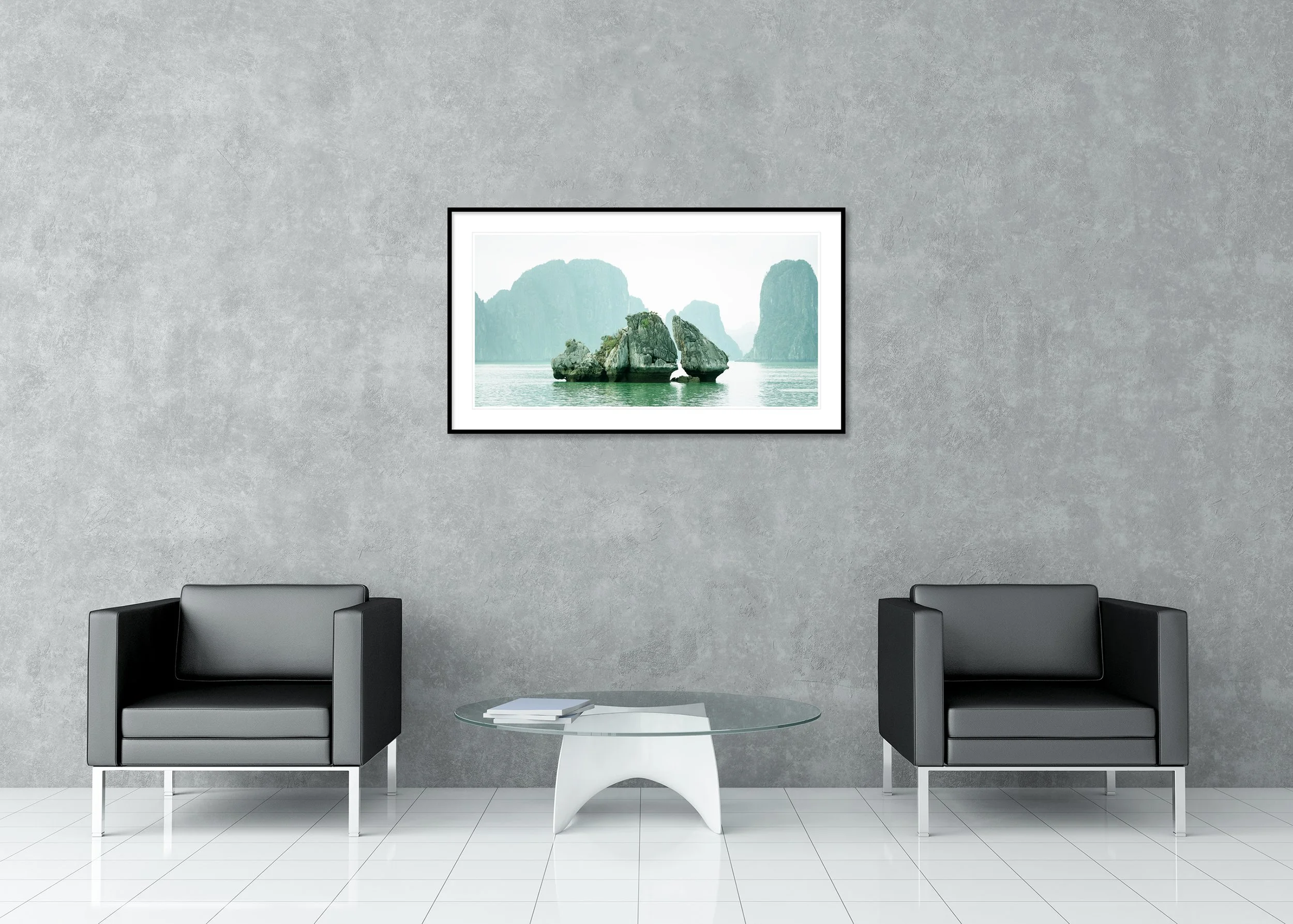 Rock Shapes Panorama – Ha Long Bay, archival pigment print in an aluminium frame with a white mount displayed in a modern interior. Photo by Gerald Berghammer.