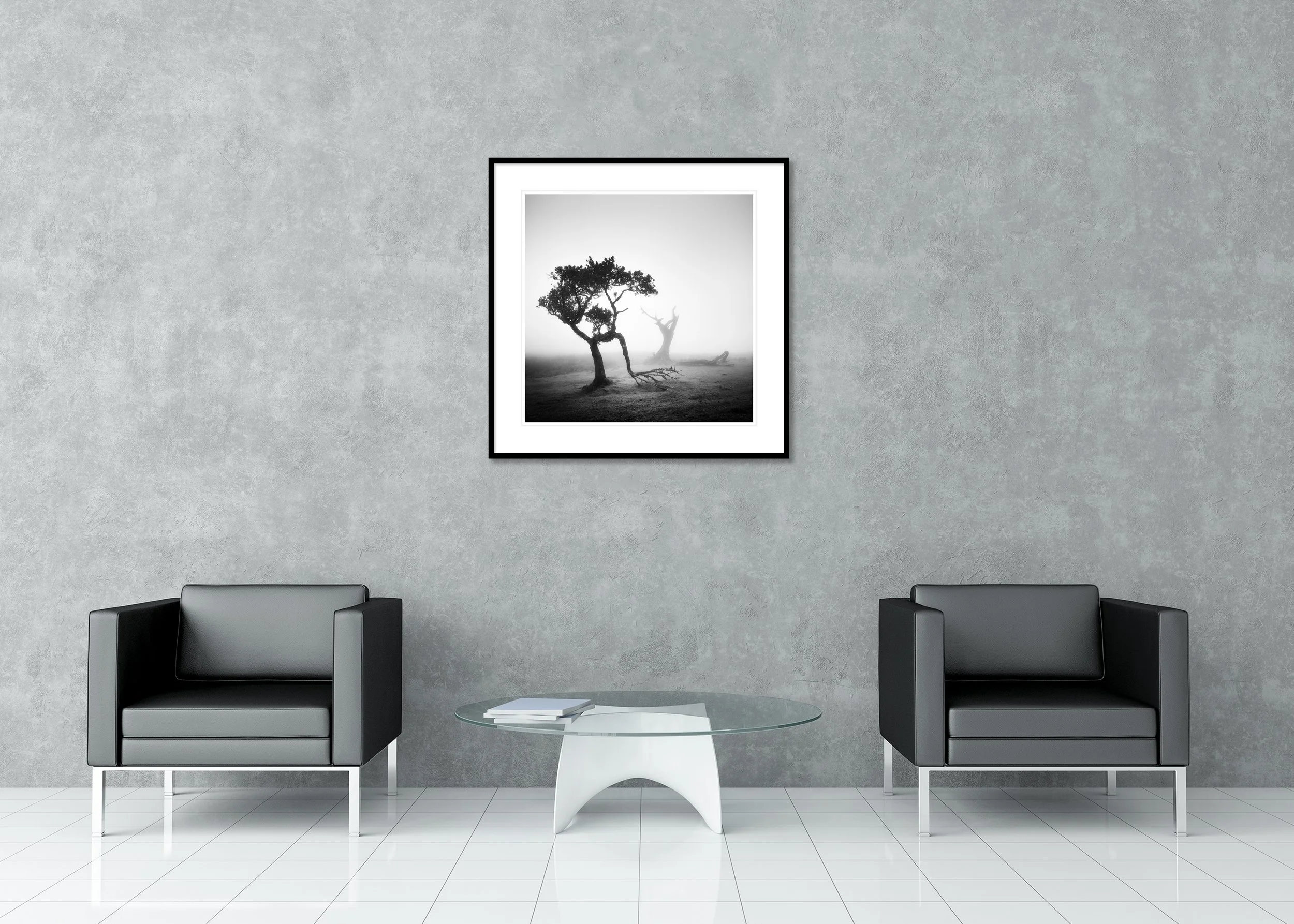 Atmospheric monochrome landscape on Madeira with two leafless trees in dense mist, one angled and partially collapsed, presented as an archival pigment print in a classic frame with passe-partout.