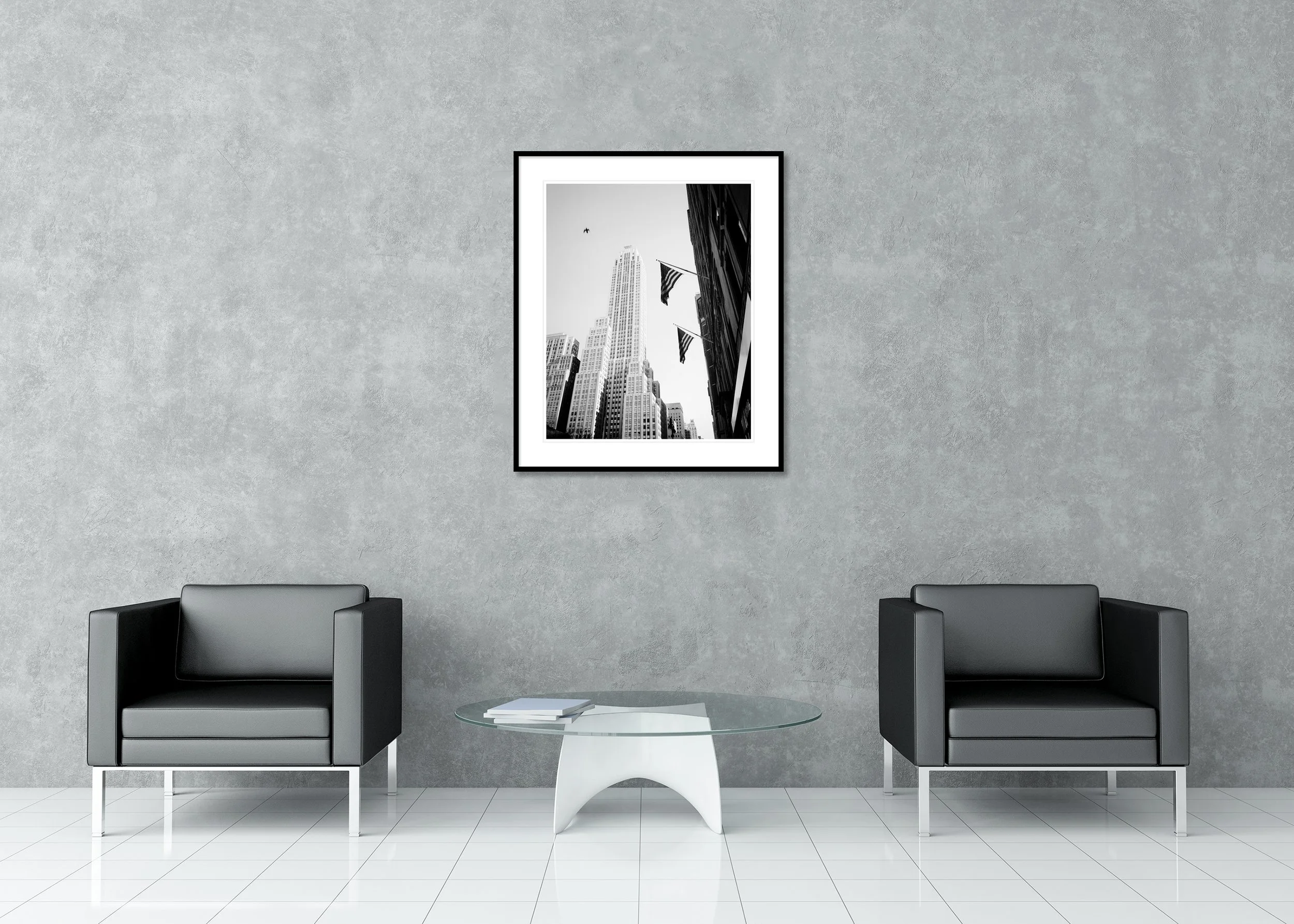 Bird in the City displayed as a black-and-white archival pigment print in a classic frame with mount and anti-reflective glass.