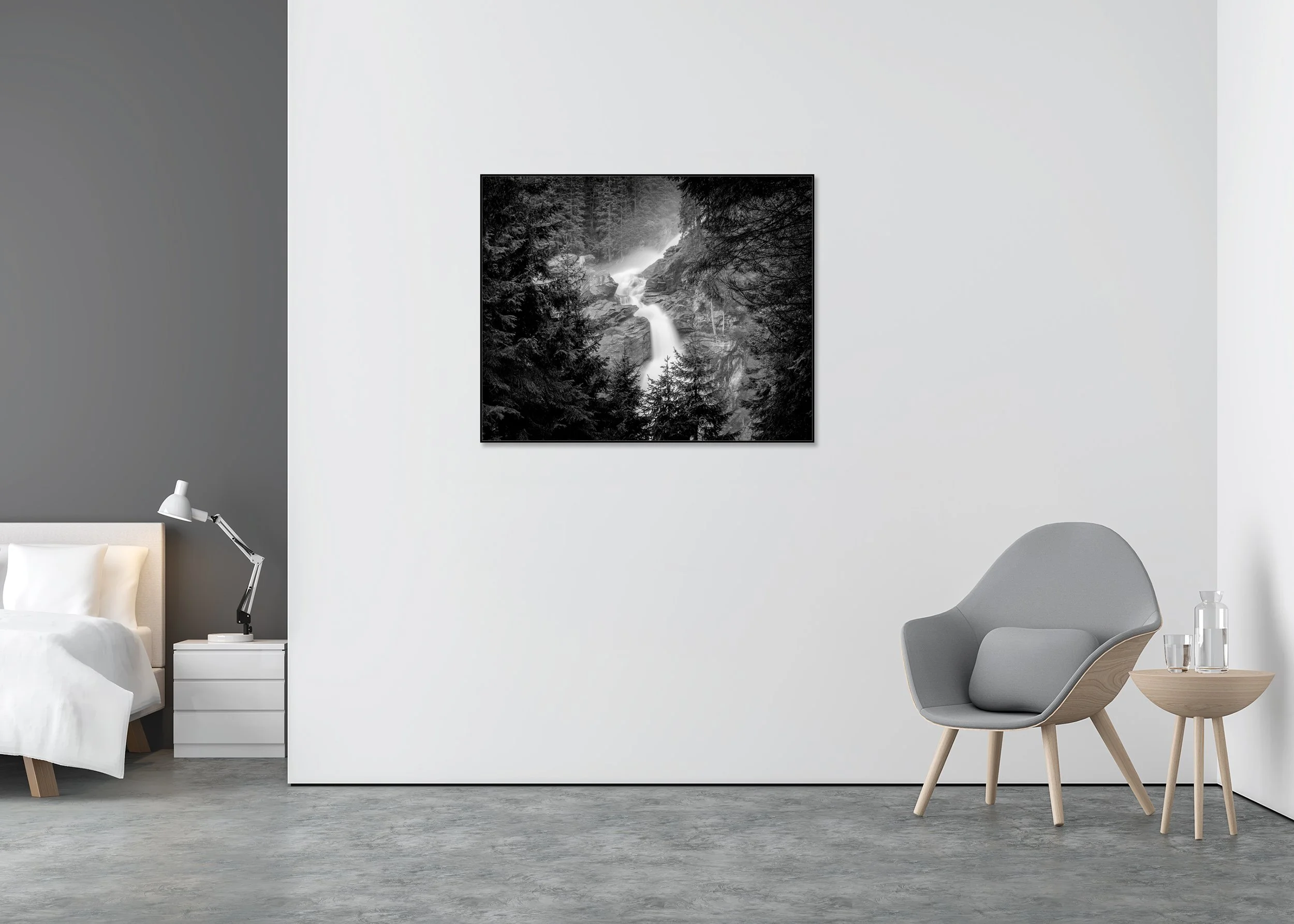 Moody monochrome photo print of Krimml Waterfalls in a forested mountain setting, mounted to Dibond in an aluminium ArtBox frame