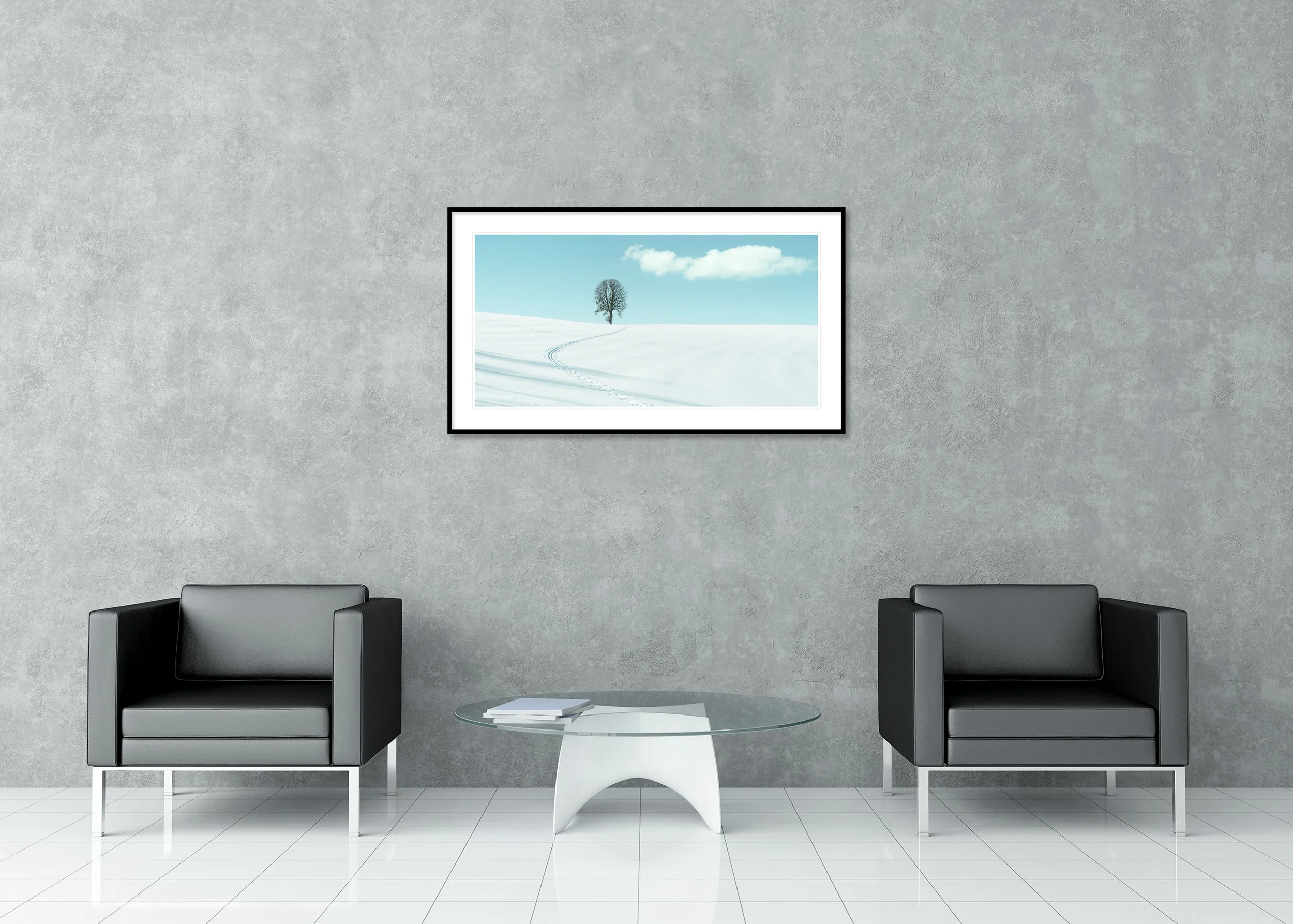 Winter Path to the Lone Tree – Austria, colour archival pigment print in a classic frame with white mount.
