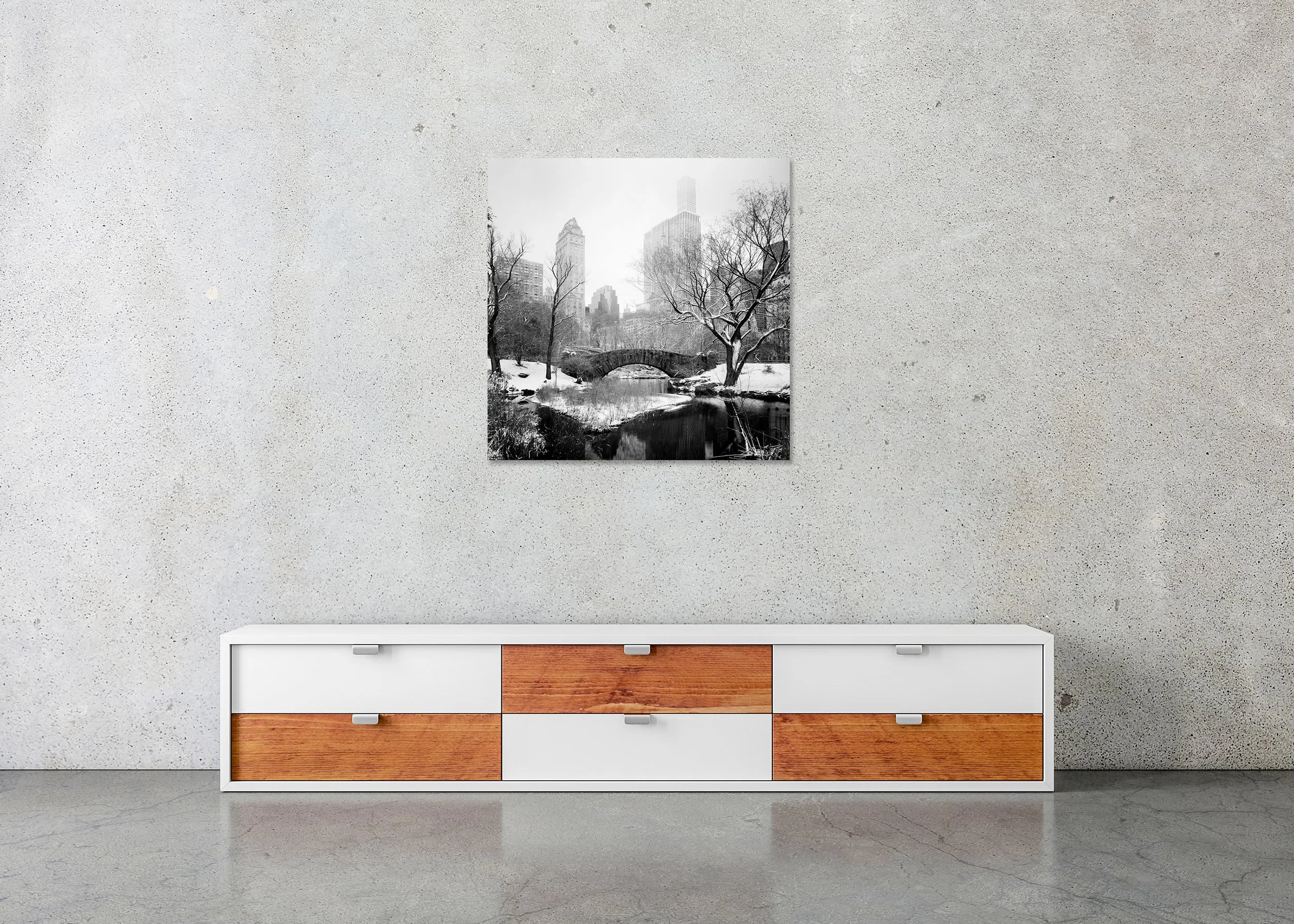 Black and white photo print of a winter stone bridge in Central Park with snow-covered trees, mounted to Dibond, frameless