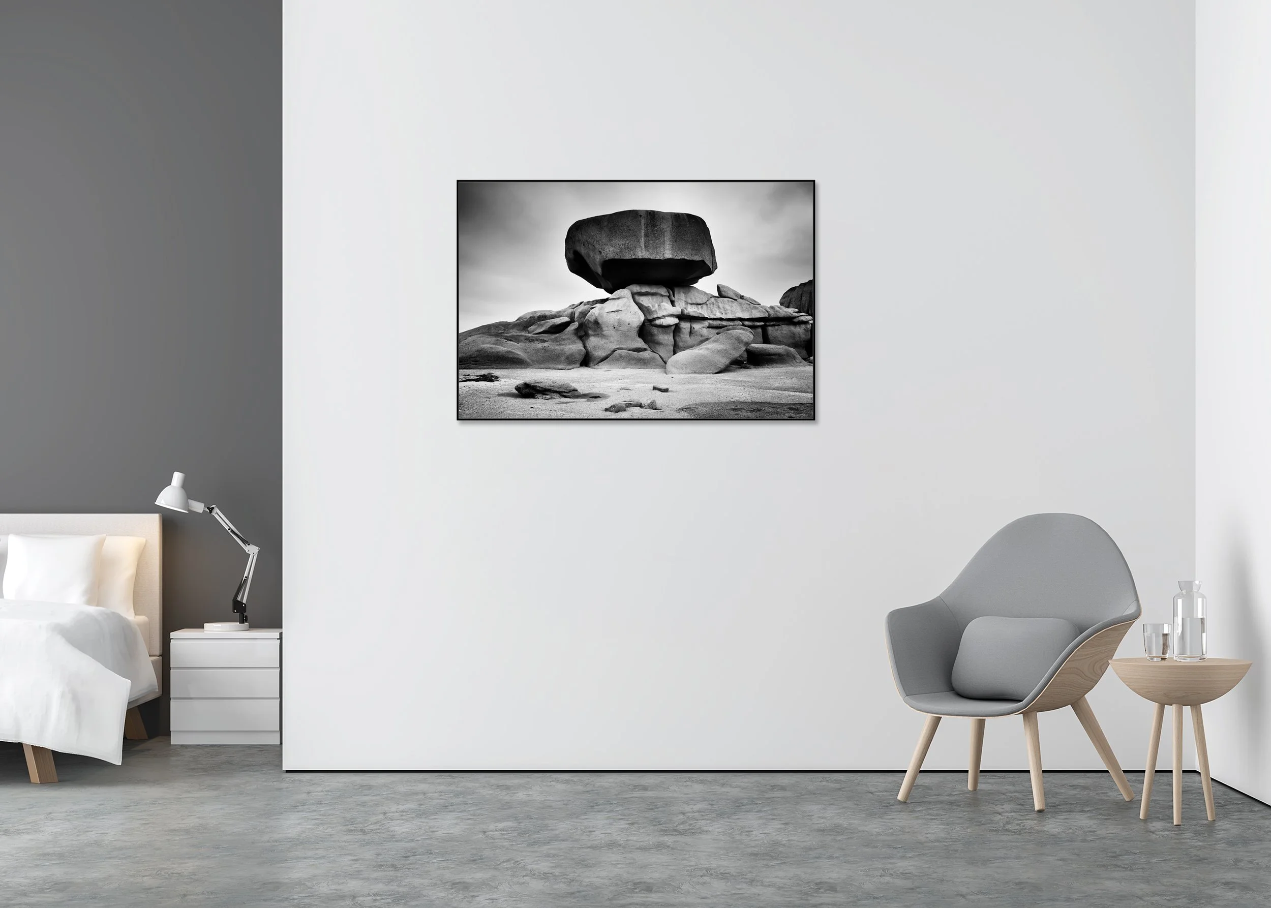 Pink granite rock formations on the Brittany coast in France above the Atlantic shoreline under stormy skies, photo print mounted on Dibond in an aluminium ArtBox.
