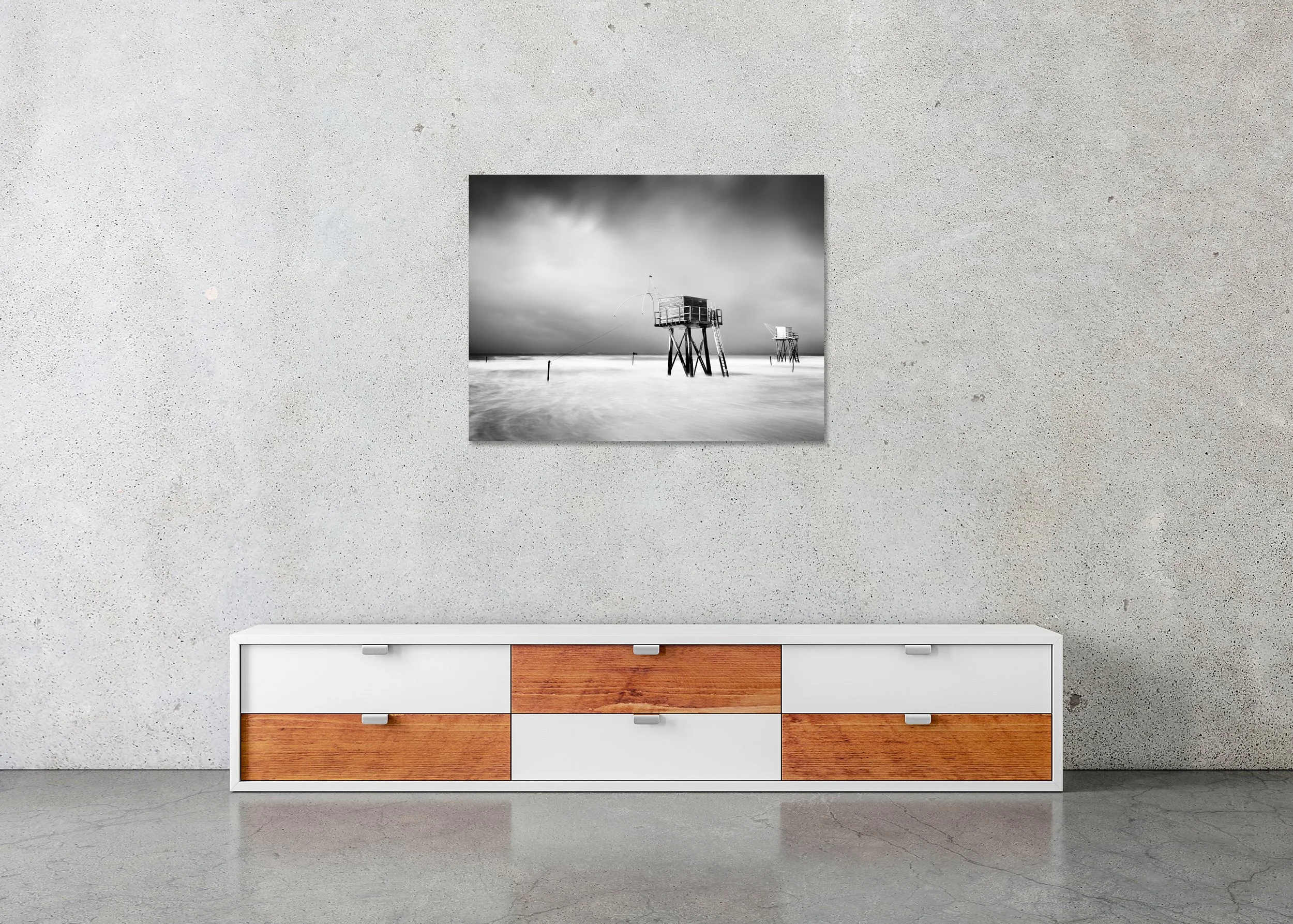 Fishing Hut on Stilts Study 4 displayed in a modern interior as a frameless black-and-white aluminium Dibond print by Gerald Berghammer.