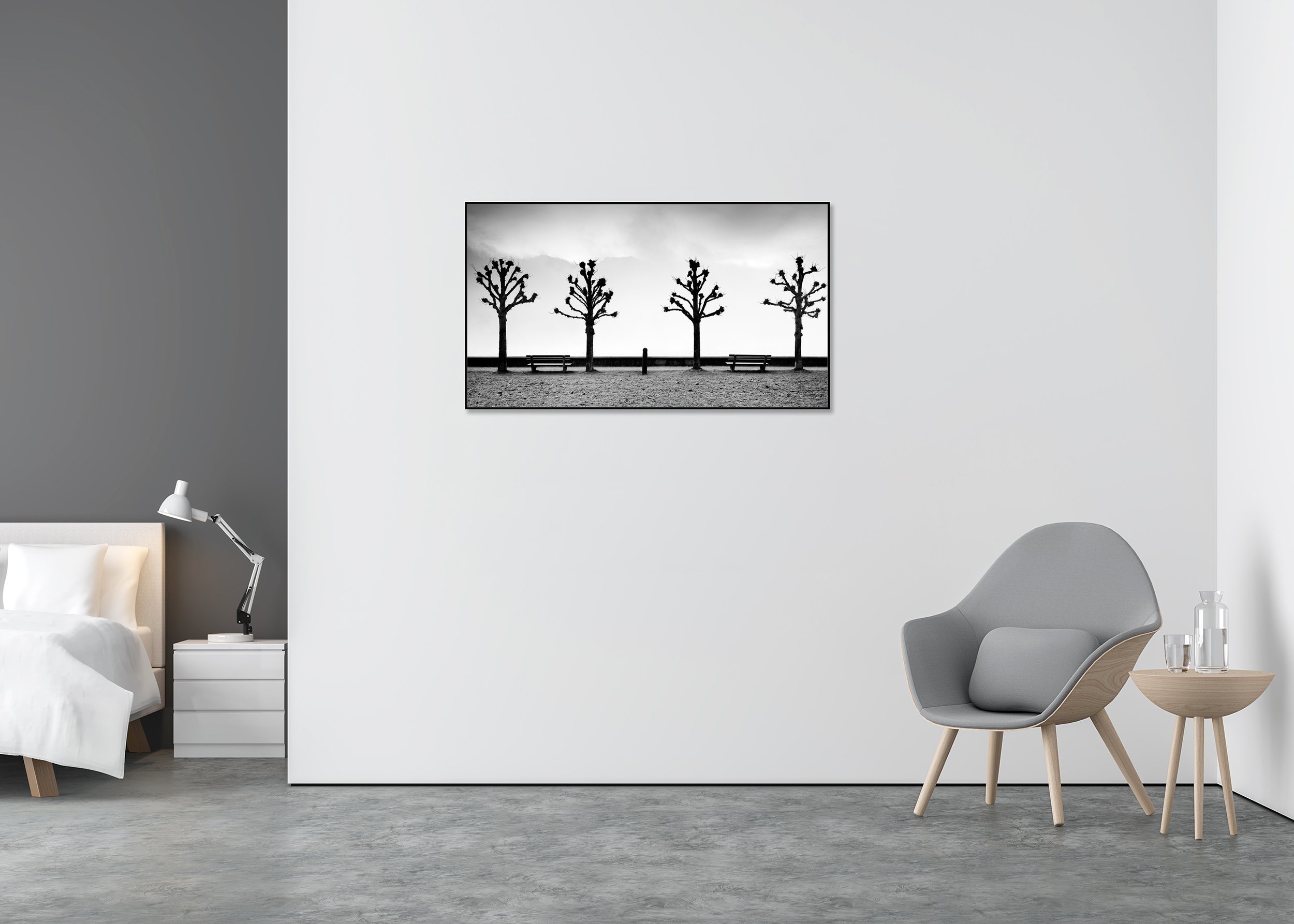 Black and white winter view of Lake Traunsee with four pruned chestnut trees, two benches and misty mountains, mounted on Dibond in an aluminium ArtBox