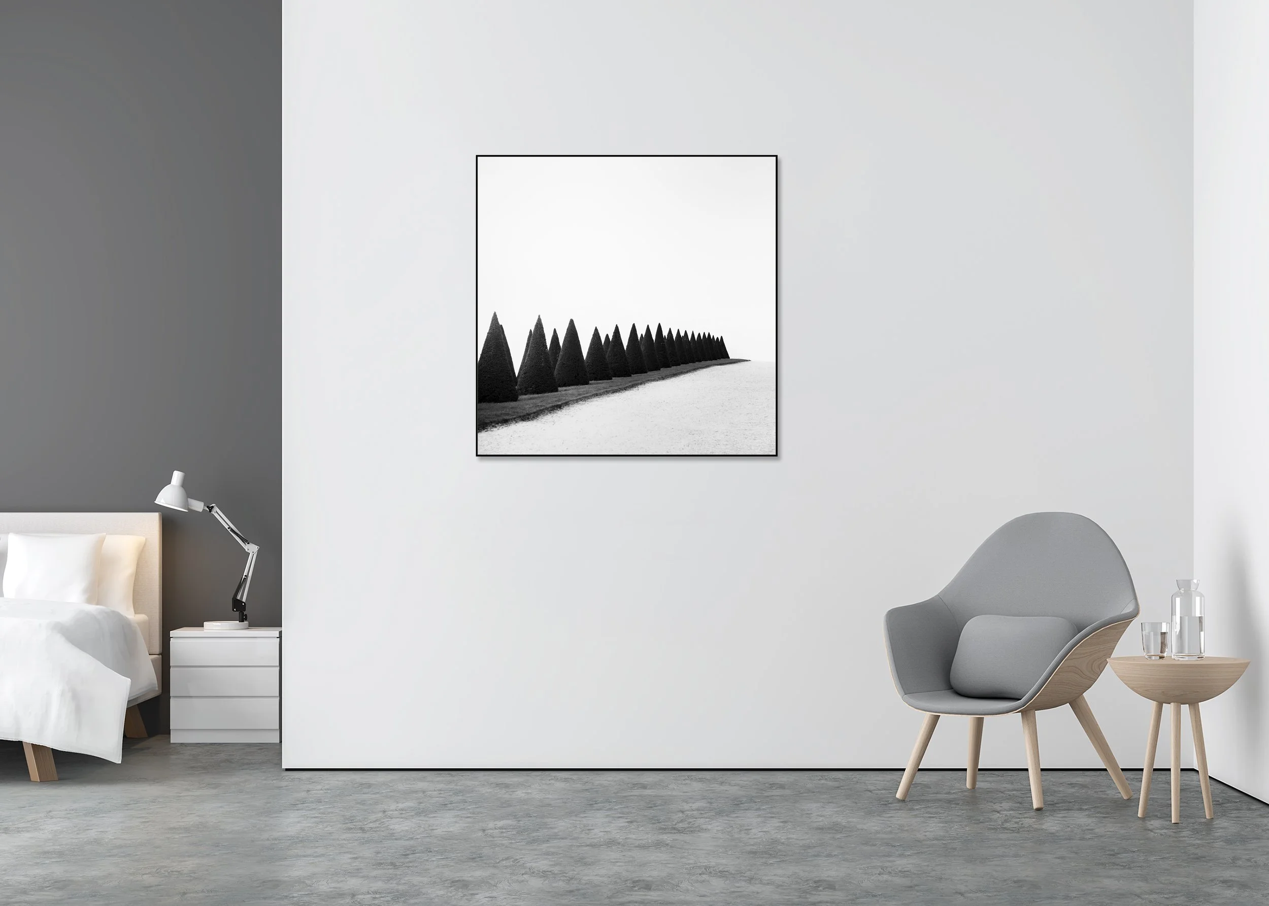 Hedges, Study 1 displayed in a contemporary interior, mounted on aluminium Dibond in a black ArtBox frame by Gerald Berghammer.
