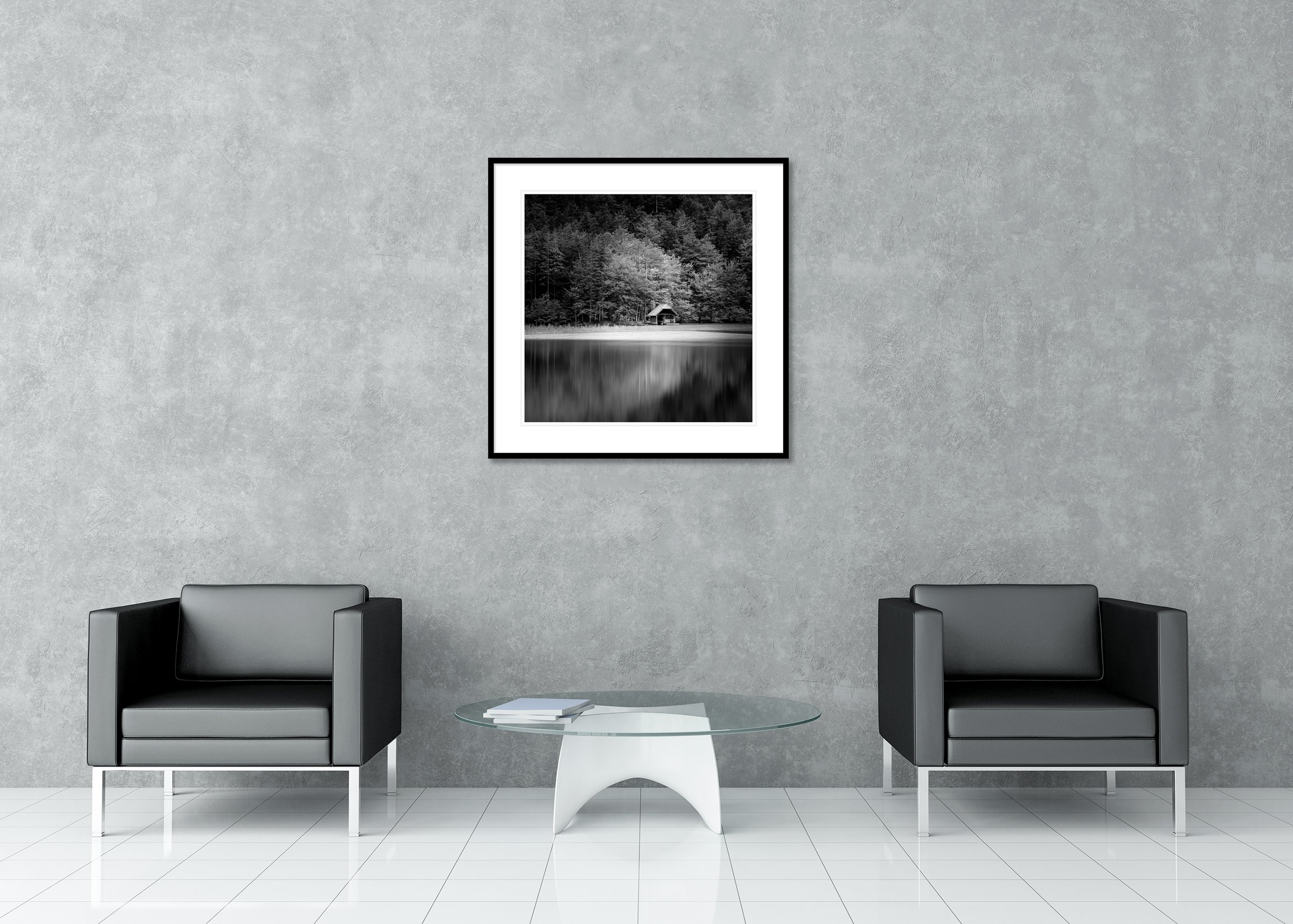 Wooden Boathouse, Study 2 – black-and-white archival pigment print in an aluminium frame with a white mount in a modern lounge.