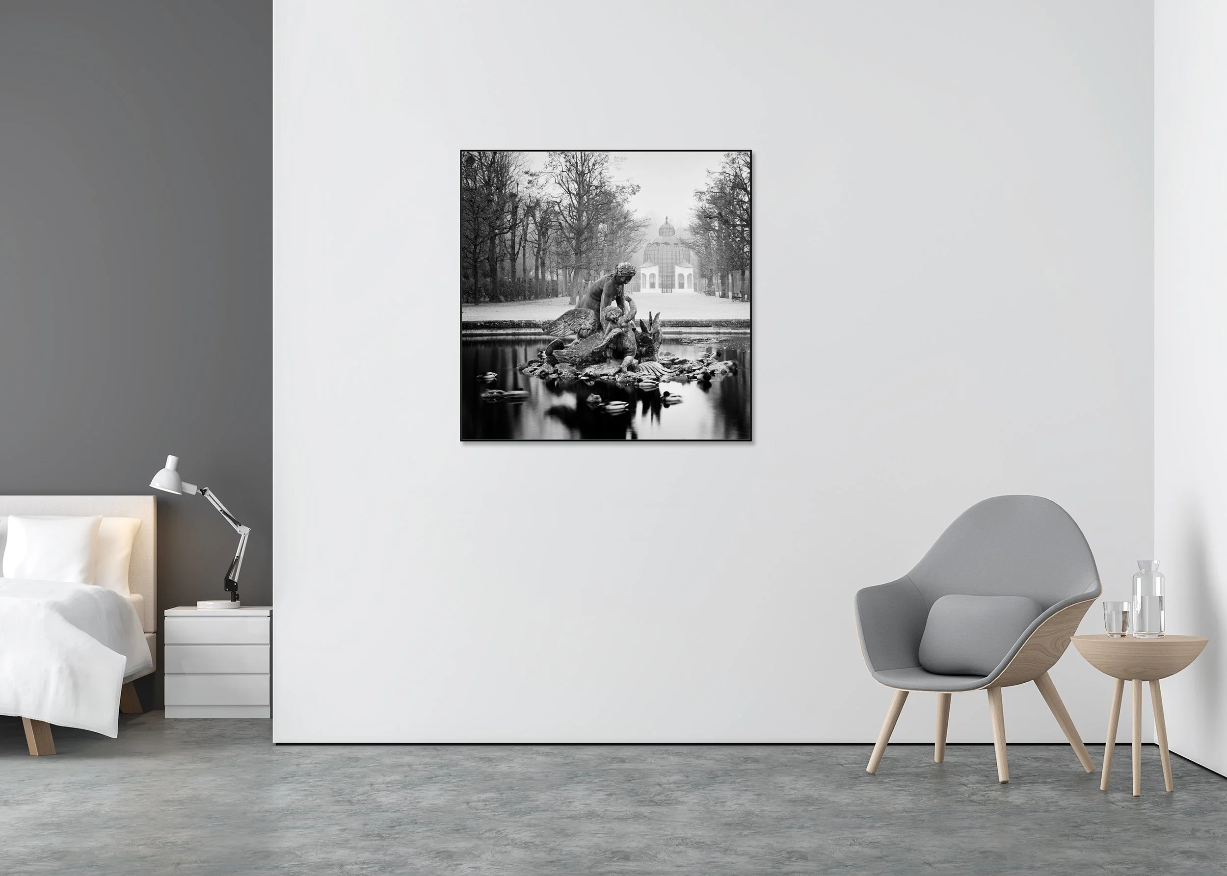 Duck Race displayed in a modern interior as a black-and-white Dibond print in a black aluminium ArtBox frame by Gerald Berghammer.