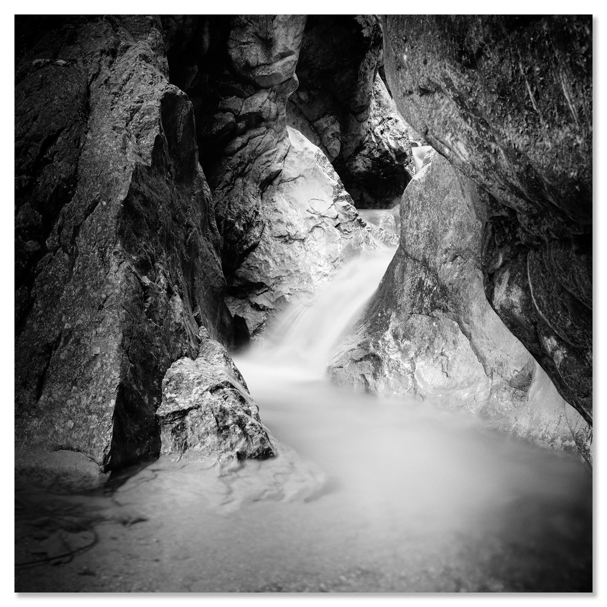 Wild Water Canyon Study 1 – Austria, black-and-white photograph mounted on frameless Dibond