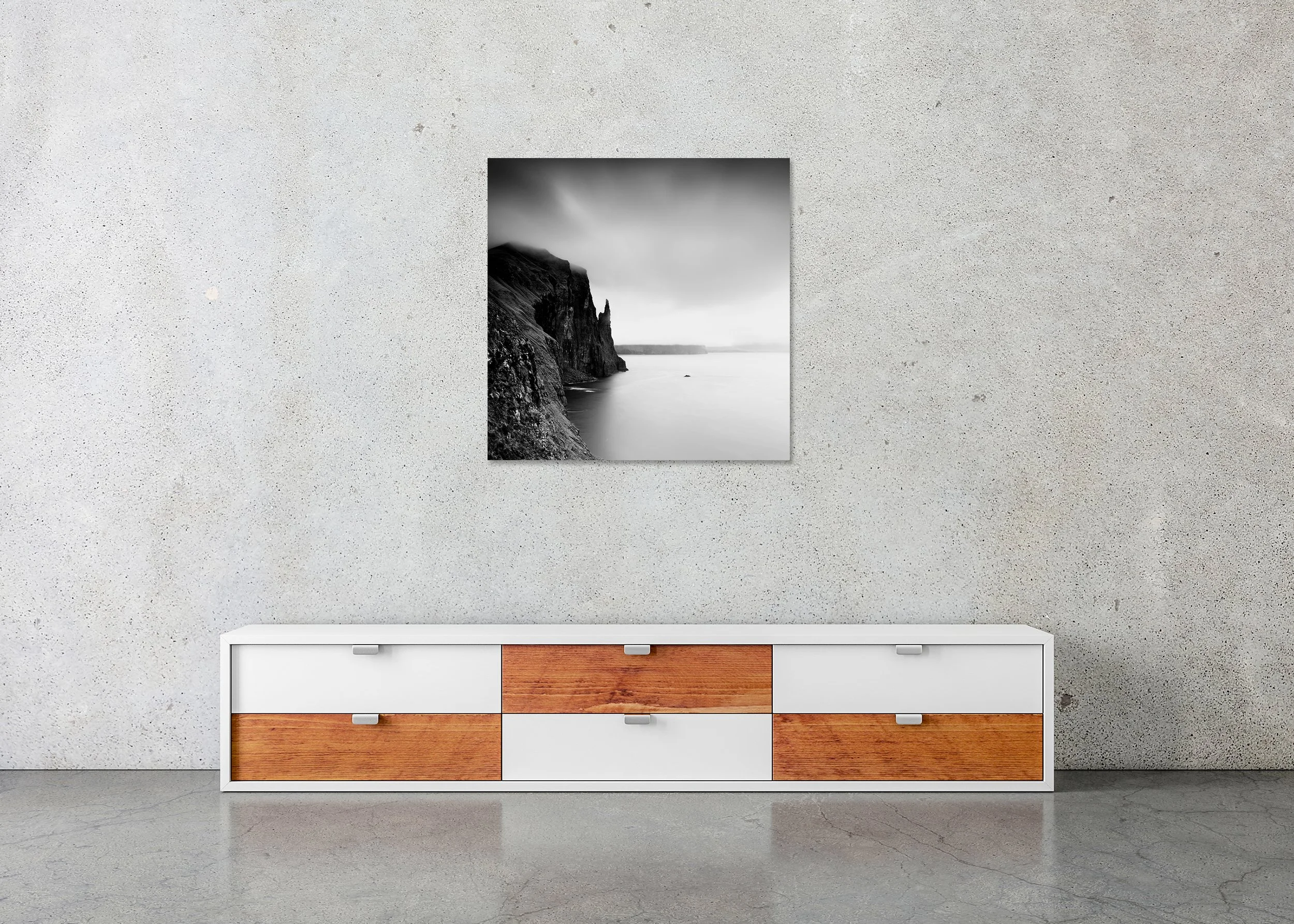 Trøllkonufingur Monolith Study 1 displayed in a modern interior as a frameless black-and-white artwork mounted on aluminium Dibond by Gerald Berghammer.