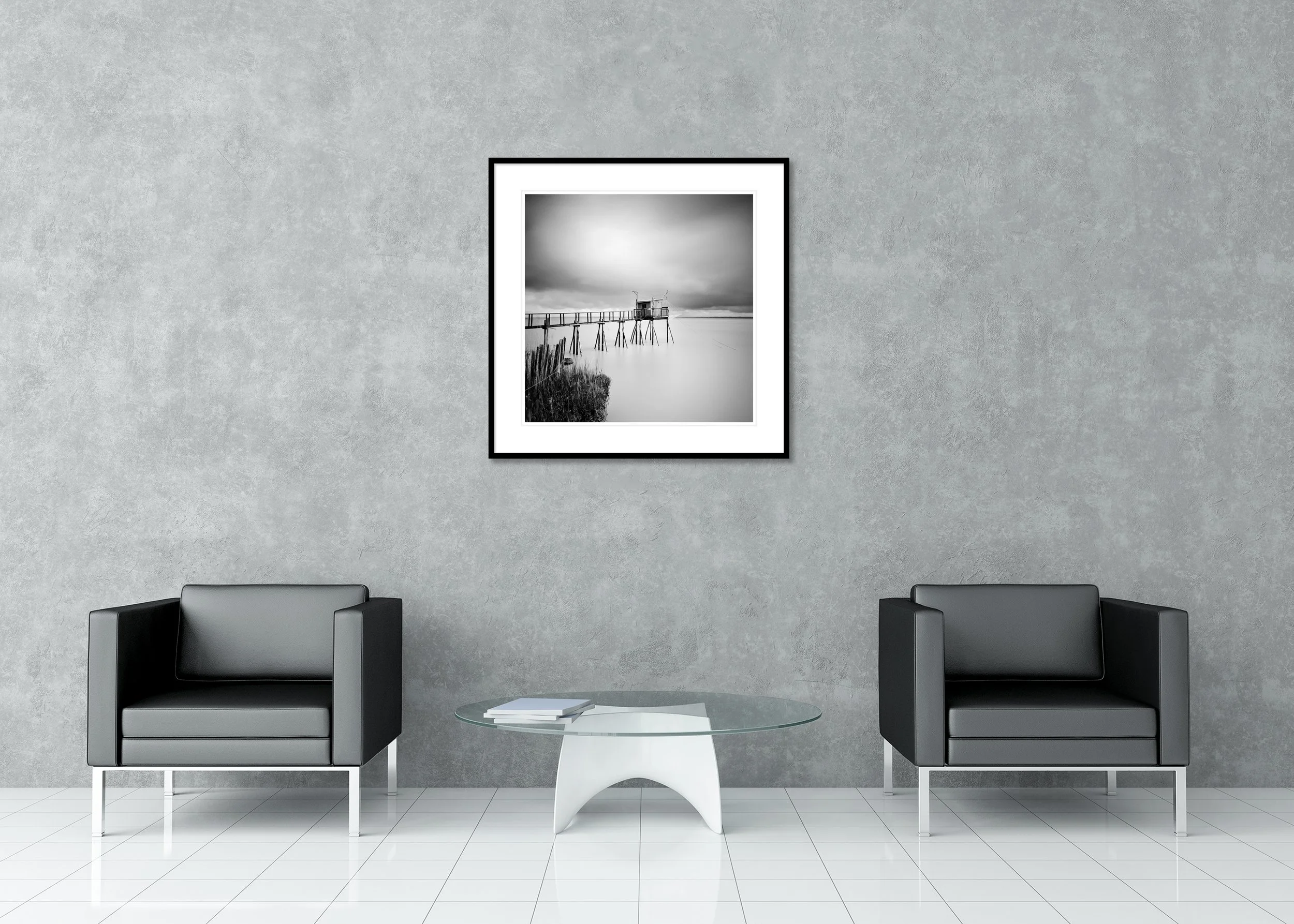 Stilt House PK 53880 displayed in a modern interior as an archival pigment print in a black aluminium frame with white mount by Gerald Berghammer.