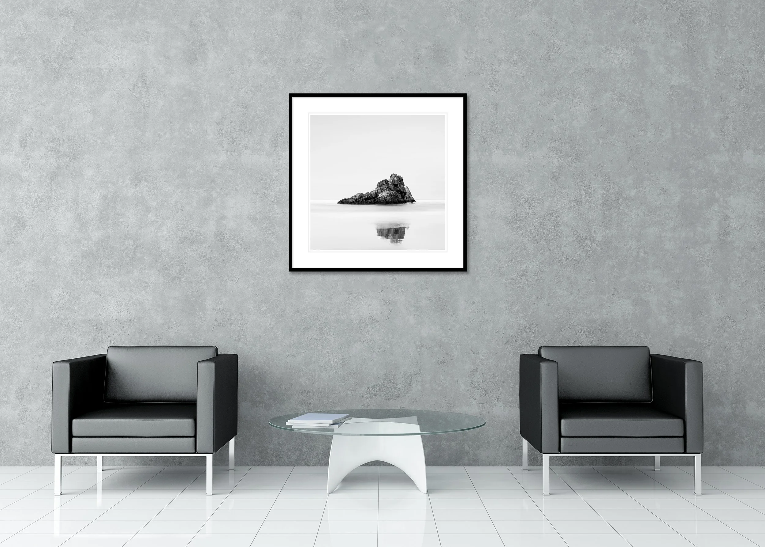 Rock on the Beach, Study 1 – archival pigment print in a black aluminium frame with a white mount in a modern lounge