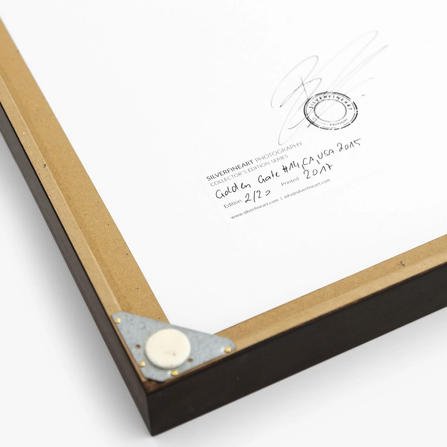 Reverse of Golden Gate Study 14 showing Gerald Berghammer's signature, edition label and SILVERFINEART gallery stamp.