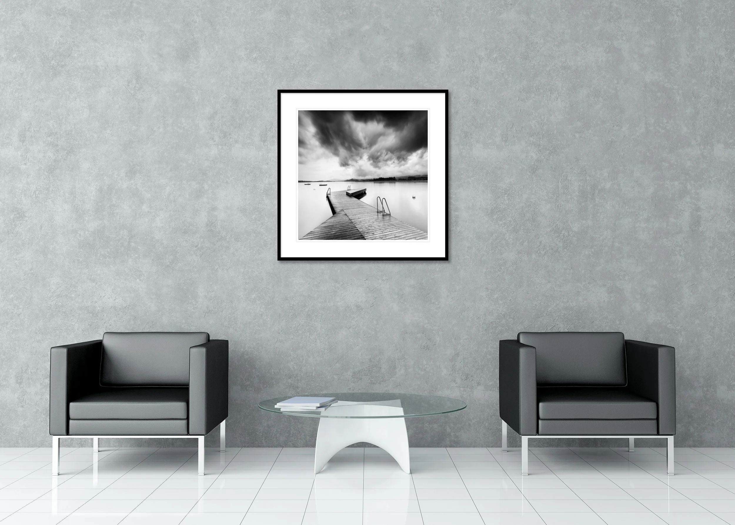 Wooden Pier in a Storm archival pigment print in an aluminium frame with white mount and anti-reflective glass