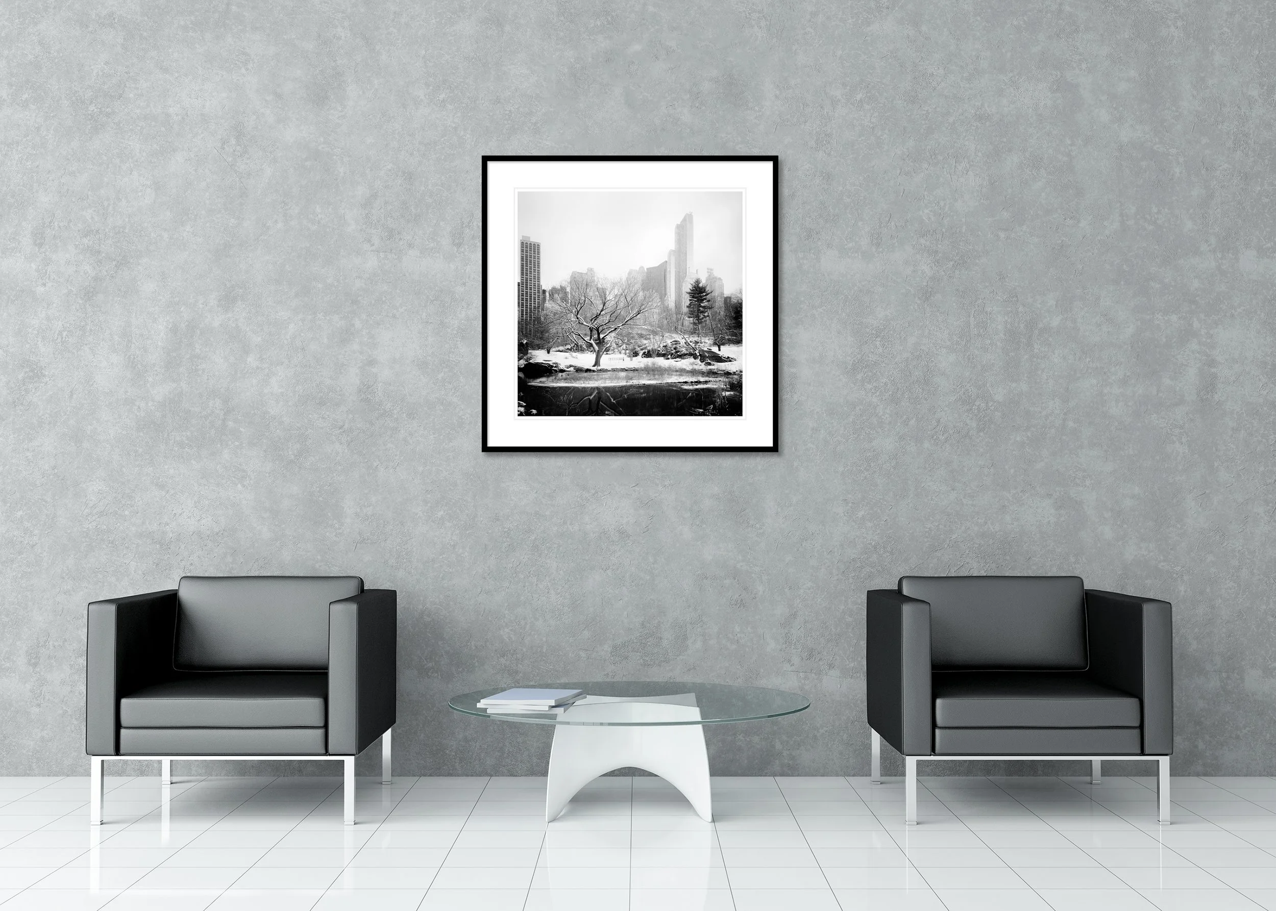 Snow-Covered Central Park Study 7 displayed in a modern interior as an archival pigment print in an aluminium frame with white mount by Gerald Berghammer.