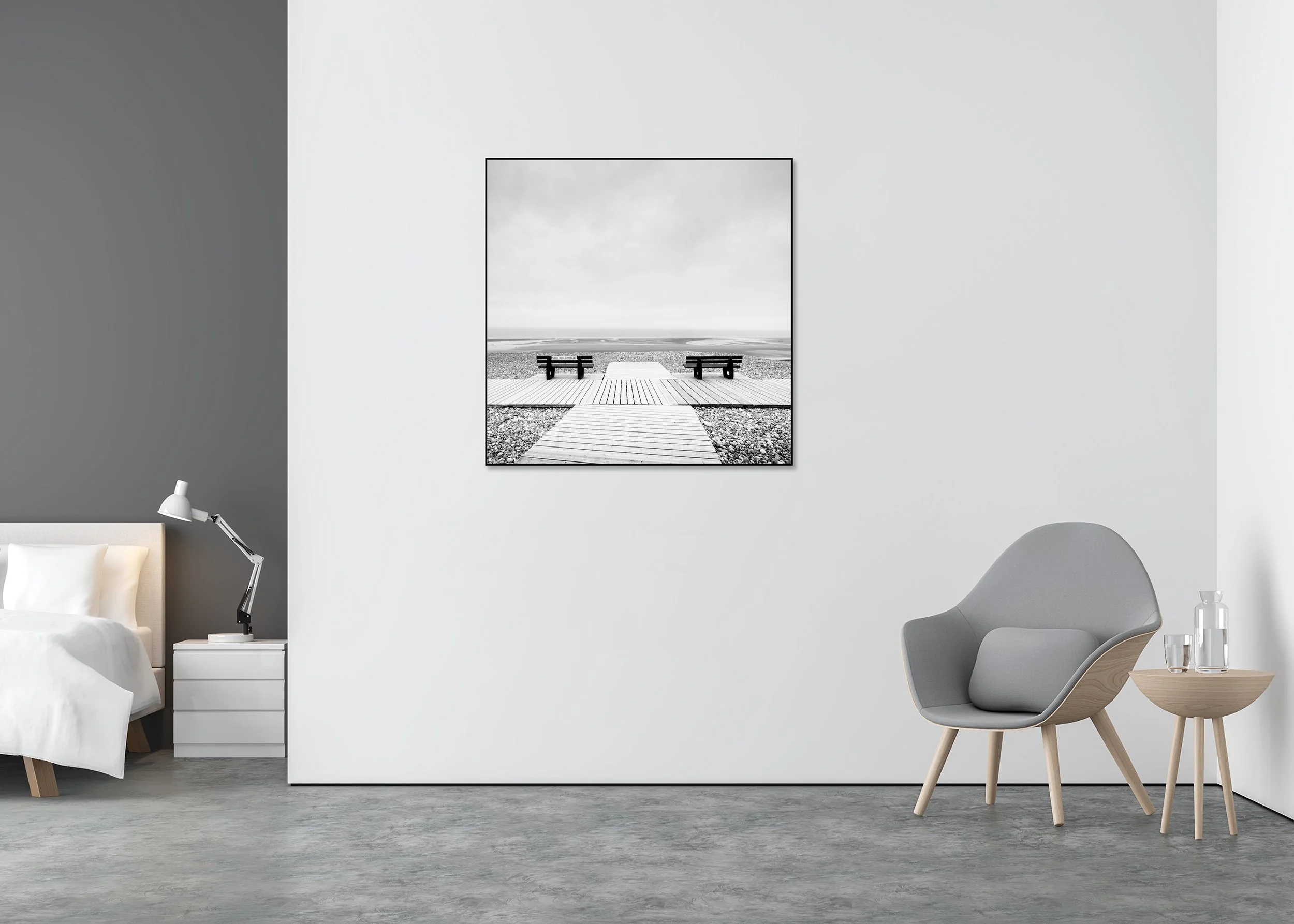 Minimalist coastal photograph of benches on an empty beach in France, tranquil seascape with spacious sky, photo print mounted to Dibond in an aluminium ArtBox.