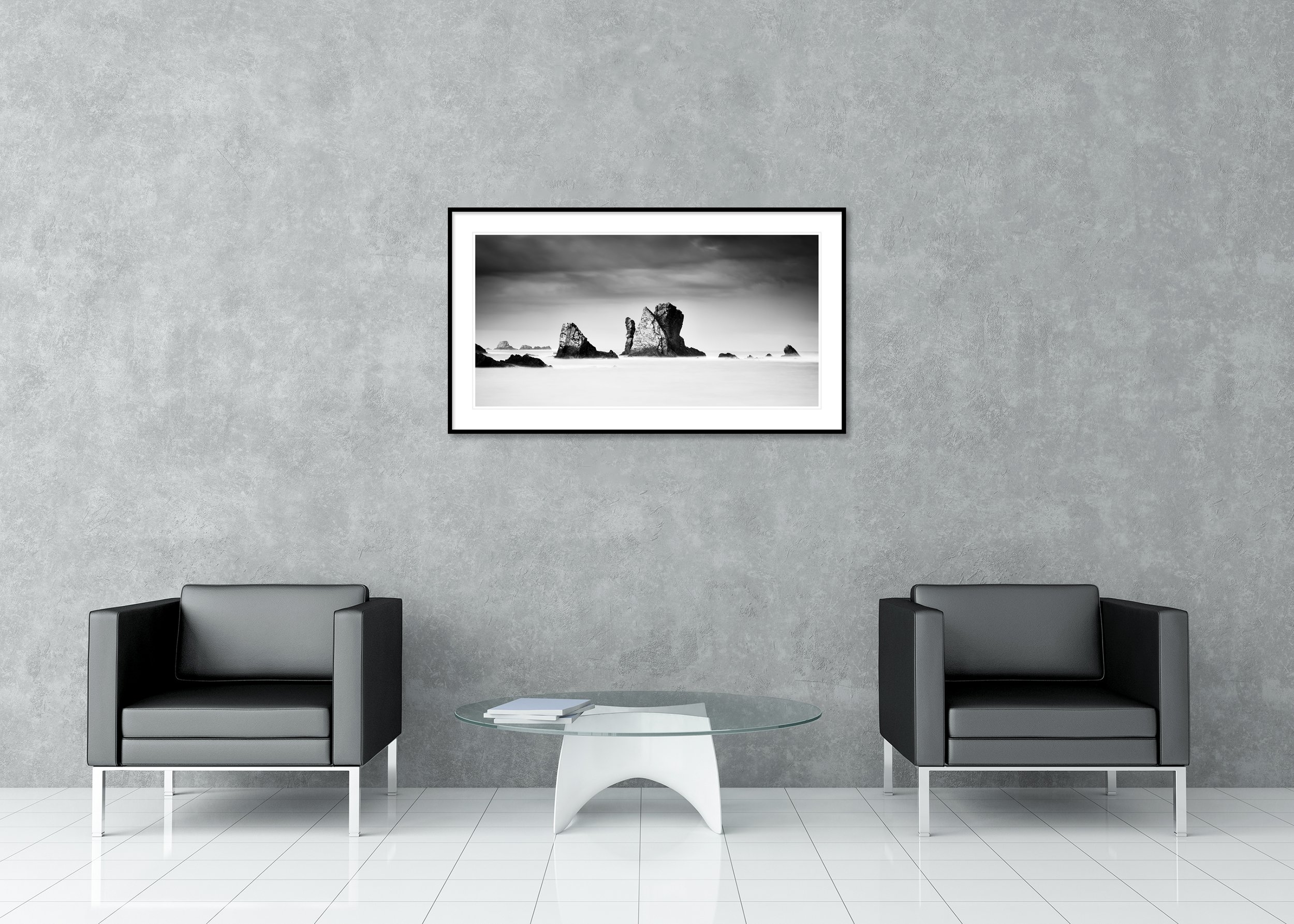 Silencio Beach, Study 1 – archival pigment print in a black aluminium frame with a white mount in a modern lounge.