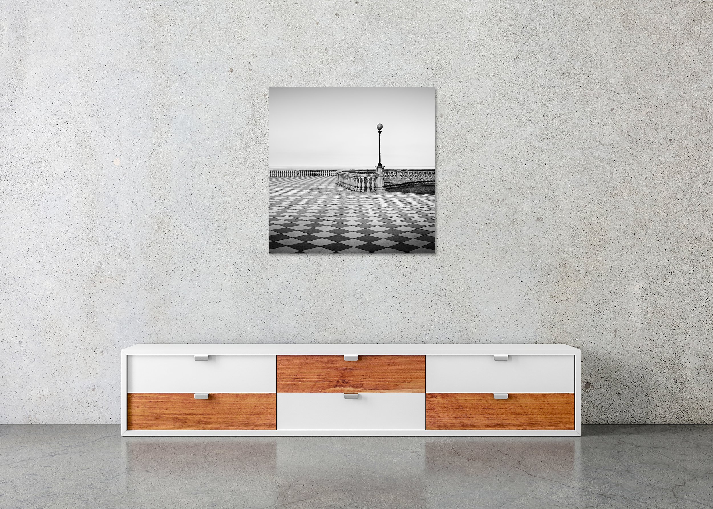 Terrazza Mascagni Study 1 displayed in a modern interior as a frameless black-and-white aluminium Dibond print by Gerald Berghammer.
