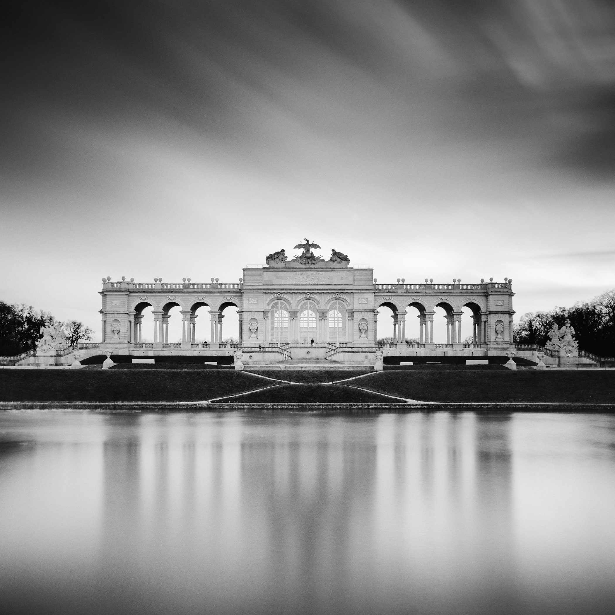 Gloriette Study 2 by Gerald Berghammer, analogue black-and-white photograph of the Gloriette at Schönbrunn Palace in Vienna, Austria.
