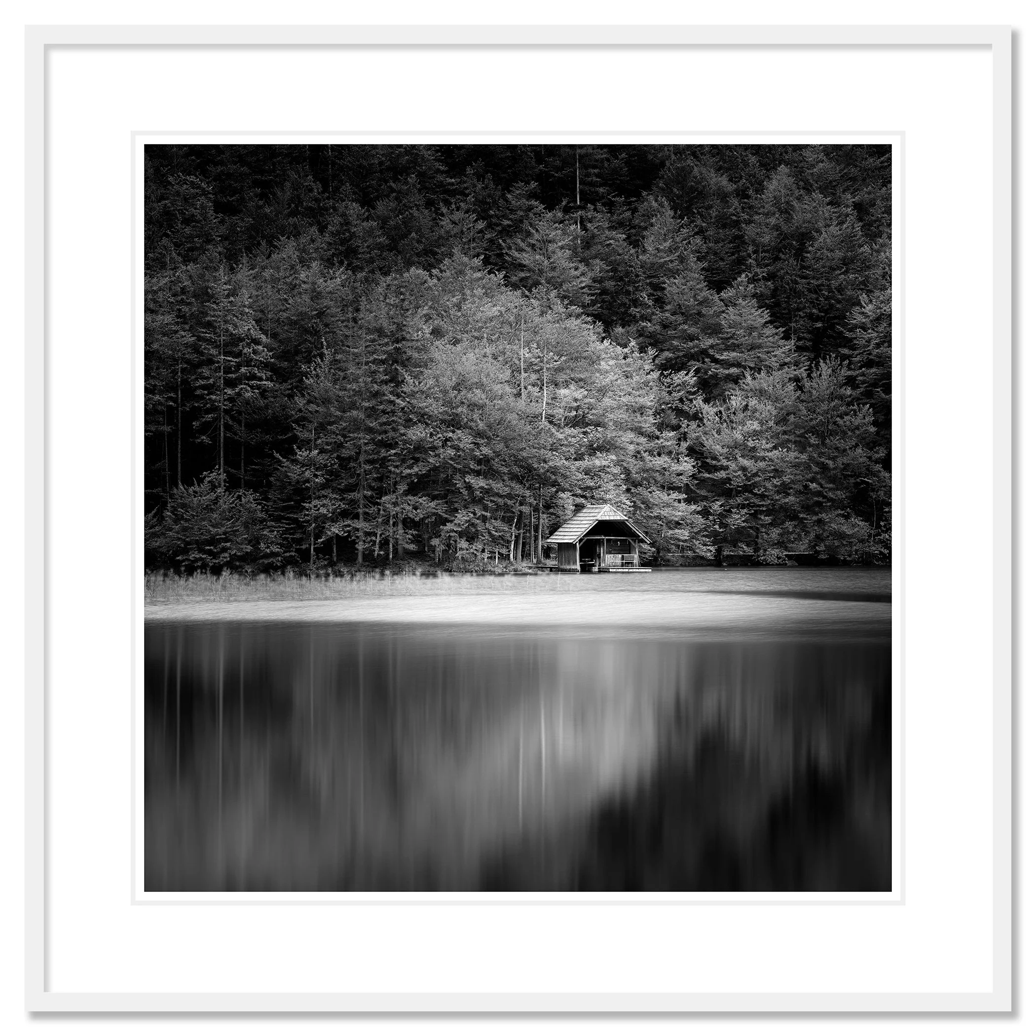 Wooden Boathouse, Study 2 presented as an archival pigment print in a white aluminium frame with a white mount by Gerald Berghammer.