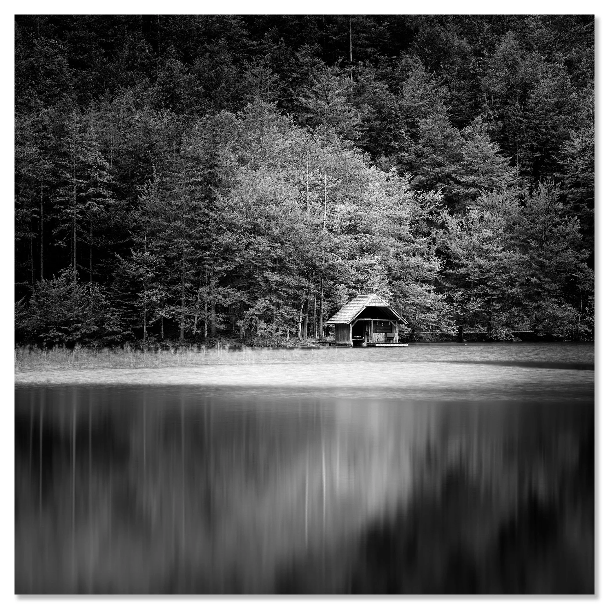 Wooden Boathouse, Study 2 – frameless black-and-white photograph mounted on aluminium Dibond.