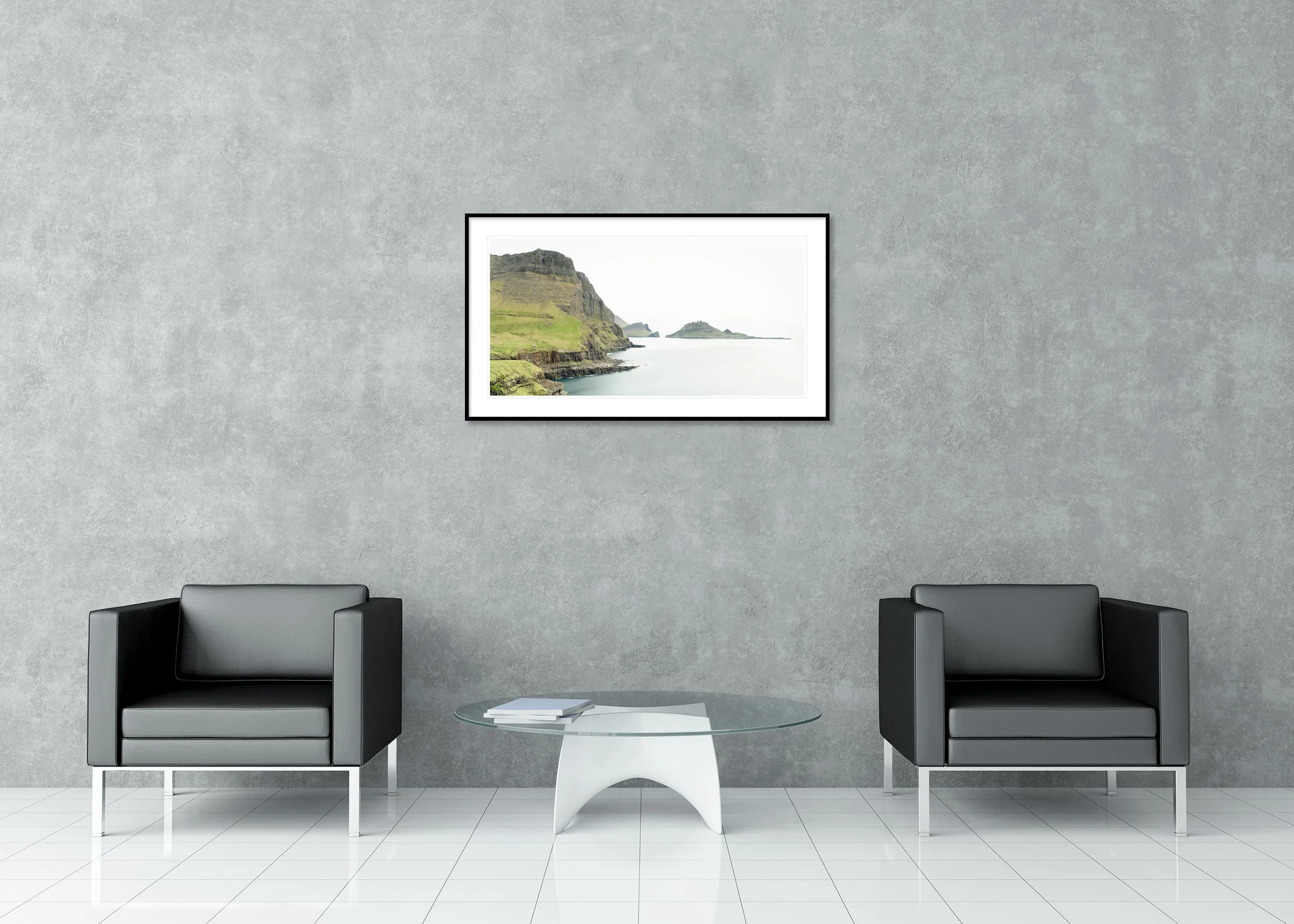Sea Cliffs, Panorama Study 2 – archival pigment print in a black aluminium frame with a white mount in a modern lounge.