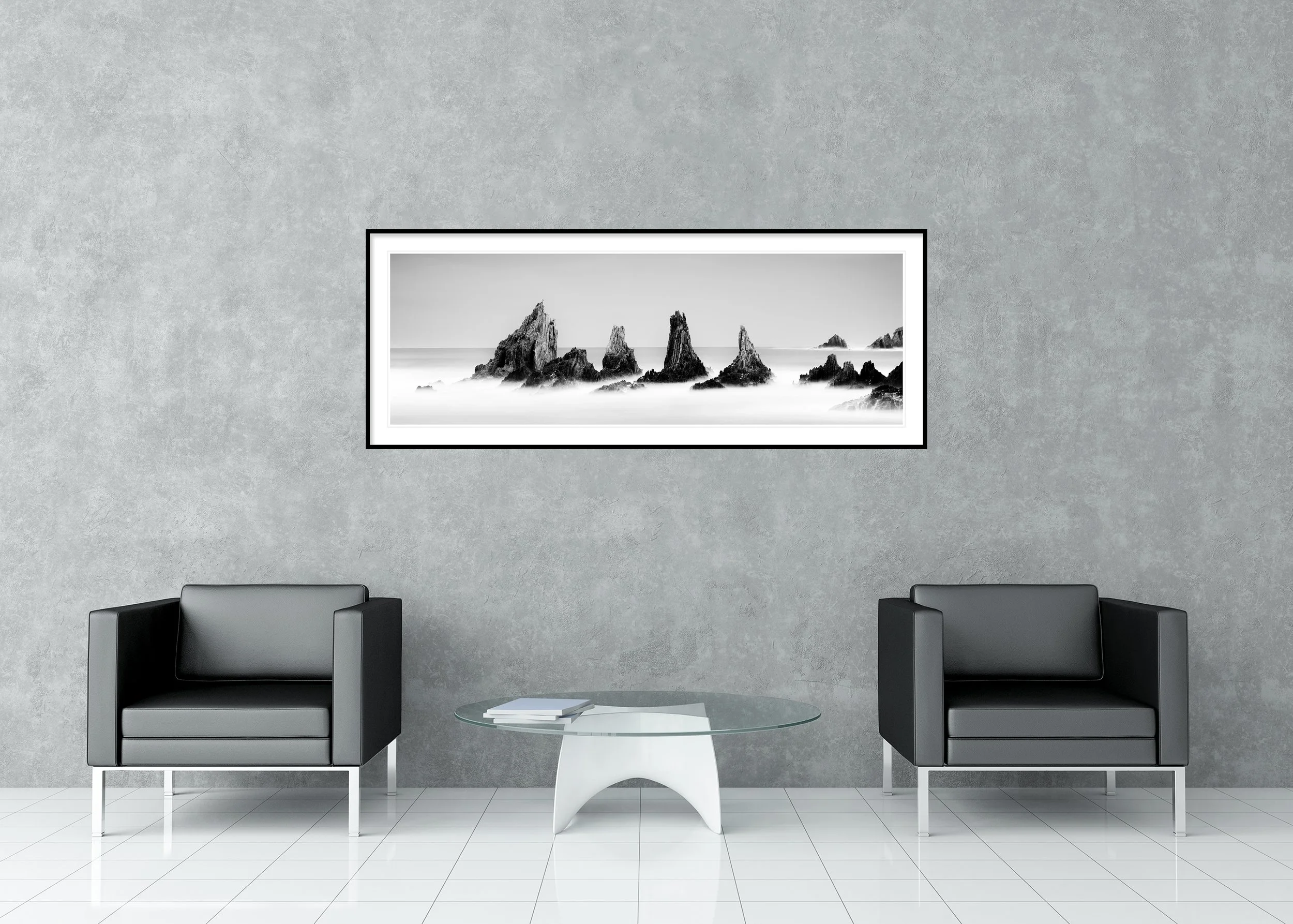 Rocky Peaks, Panorama Study 3 displayed in a modern lounge as an archival pigment print in a black aluminium frame with a white mount by Gerald Berghammer.