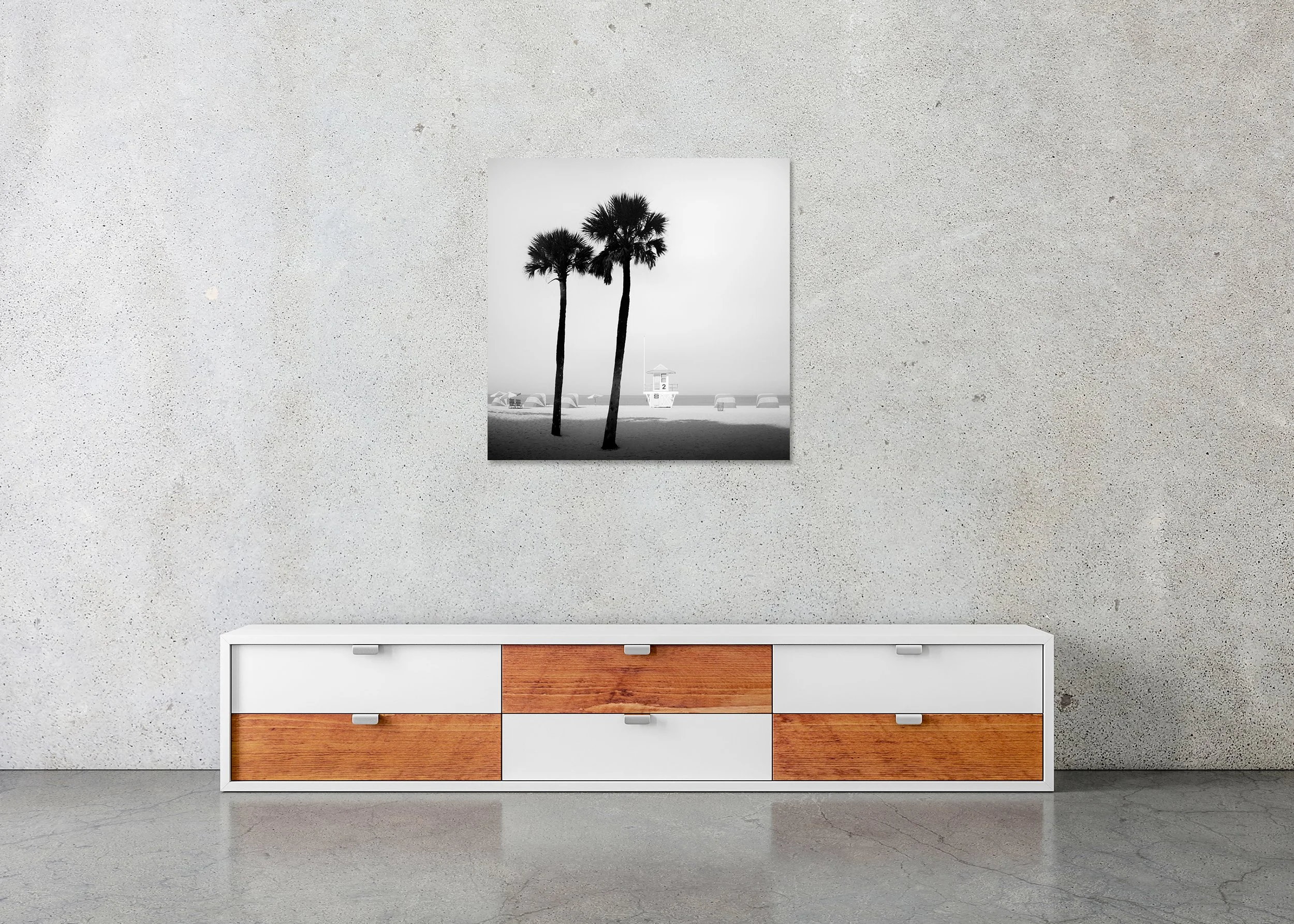 Lifeguard Tower Study 2 displayed in a modern interior as a frameless black-and-white artwork mounted on aluminium Dibond by Gerald Berghammer.