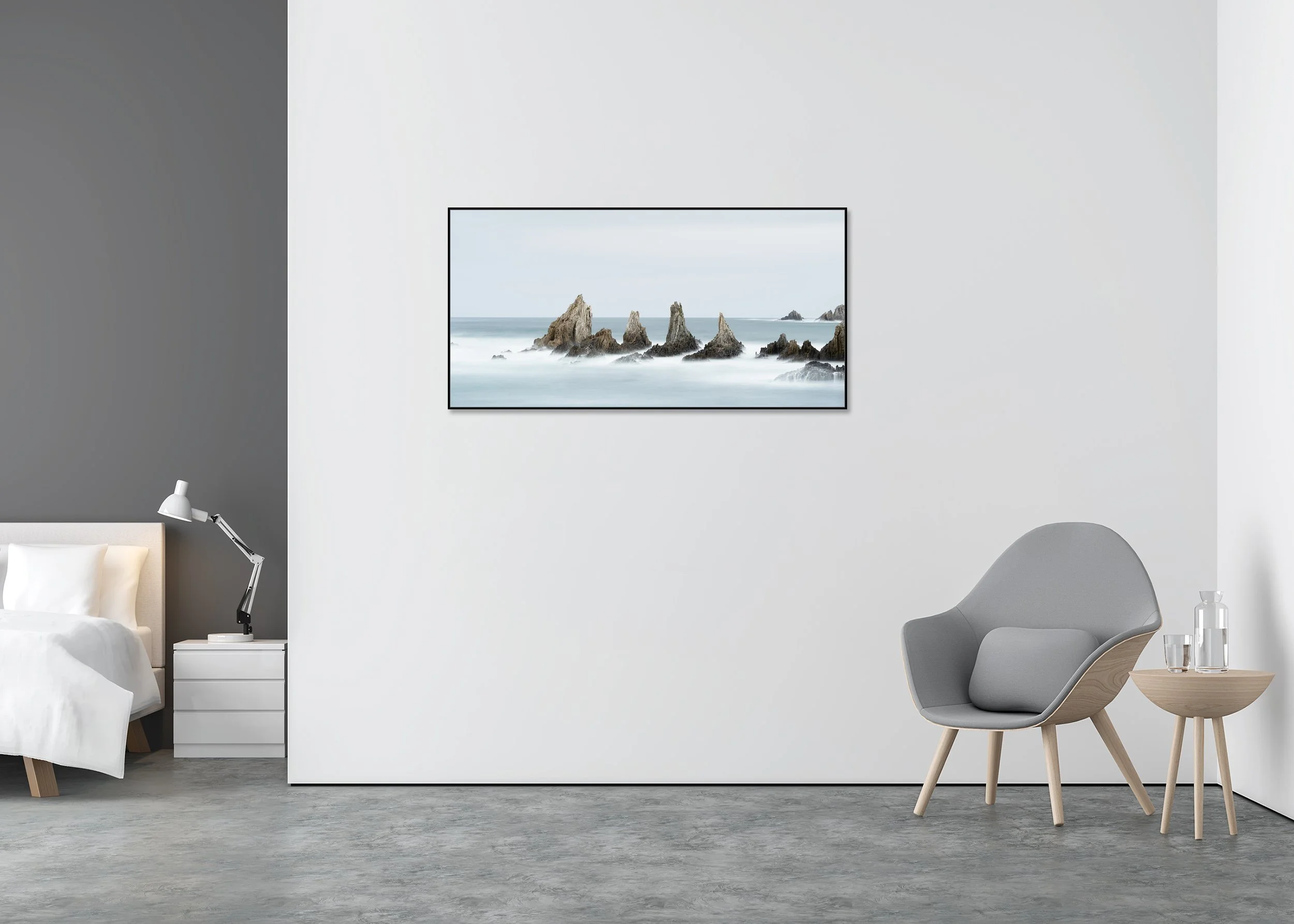 Long-exposure sea stacks in foggy, smooth water, fine art print mounted on Dibond in an aluminium ArtBox frame.