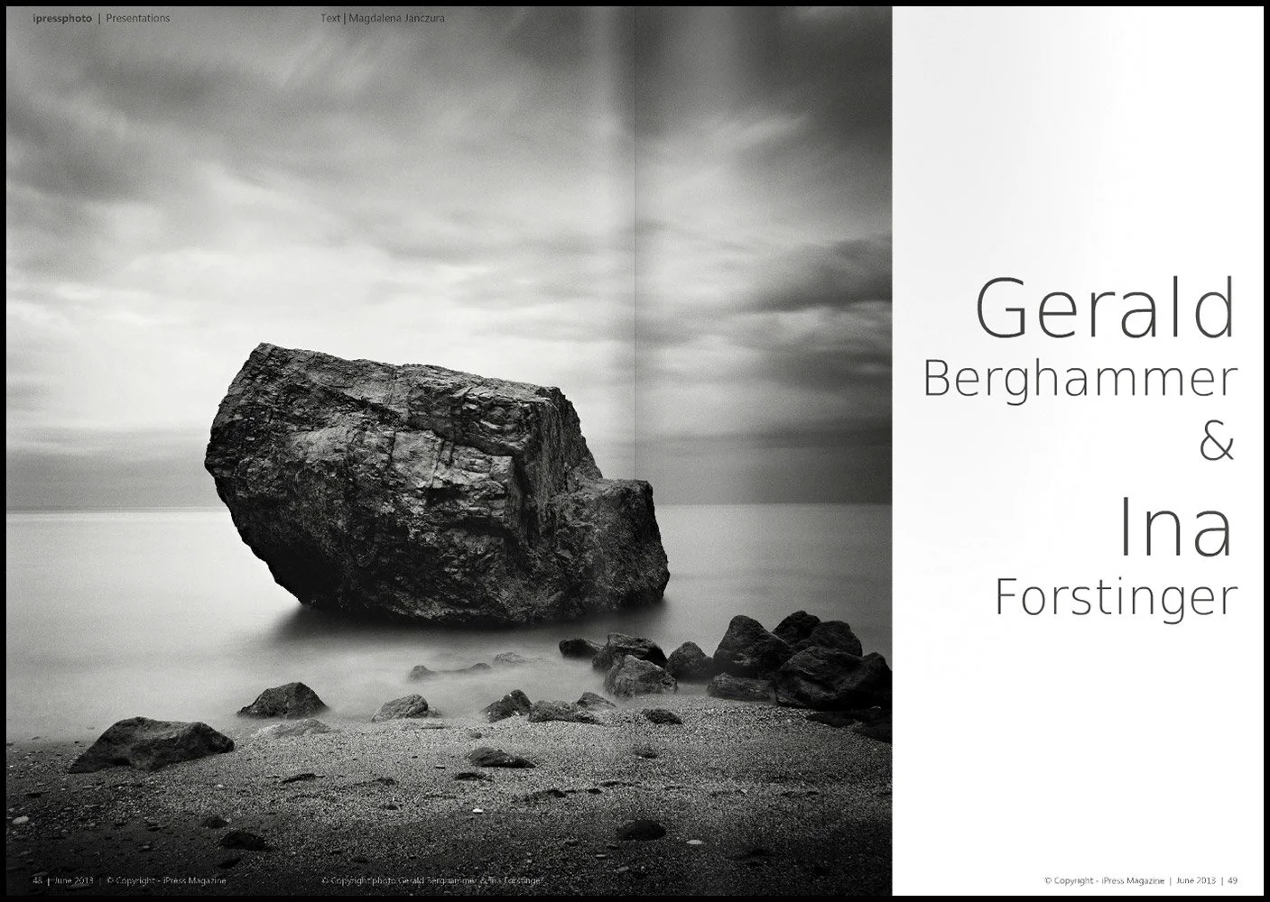 ipressphoto Magazine Issue 7, June 2013, artist feature introducing Gerald Berghammer and Ina Forstinger alongside a minimalist black-and-white photograph of a solitary coastal boulder.