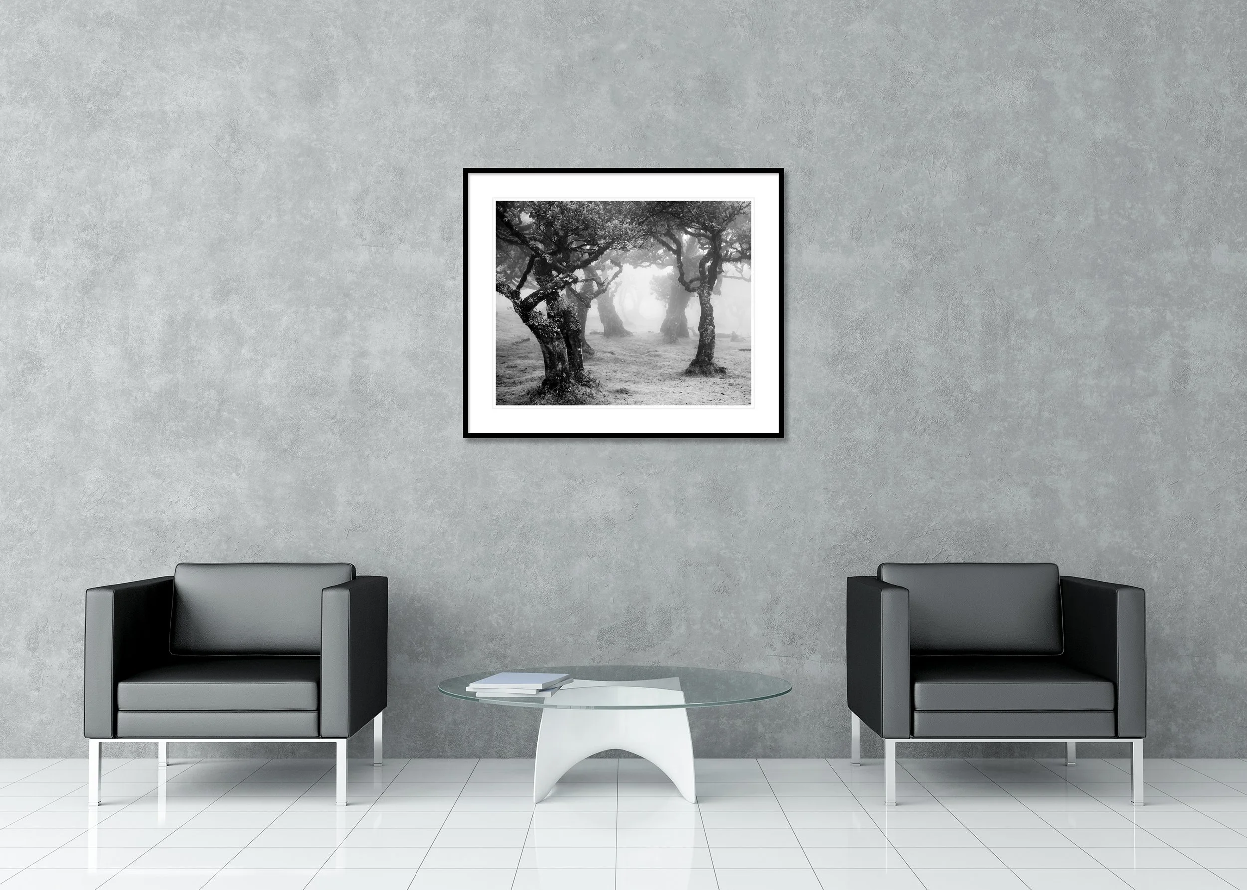 Mystical Forest Clearing – Madeira, archival pigment print in an aluminium frame with white mount, displayed in a modern interior.