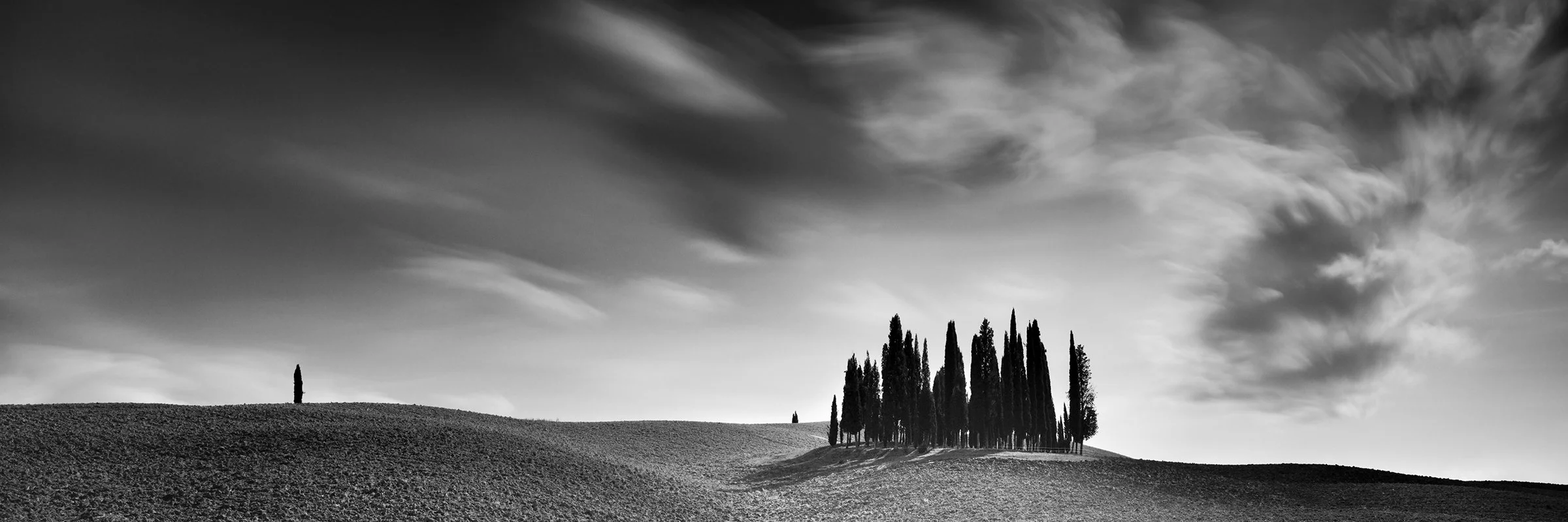 Cypress Hill Panorama Study 4 by Gerald Berghammer, black-and-white panoramic landscape of rolling Tuscan hills, harvested fields and cypress trees in Tuscany, Italy.
