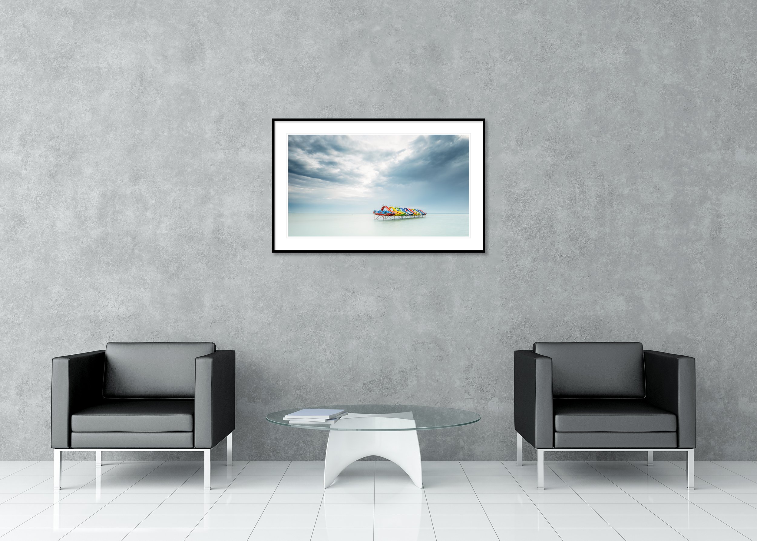 Row of Colourful Pedal Boats, Panorama – archival pigment print in a black aluminium frame with a white mount in a modern lounge.