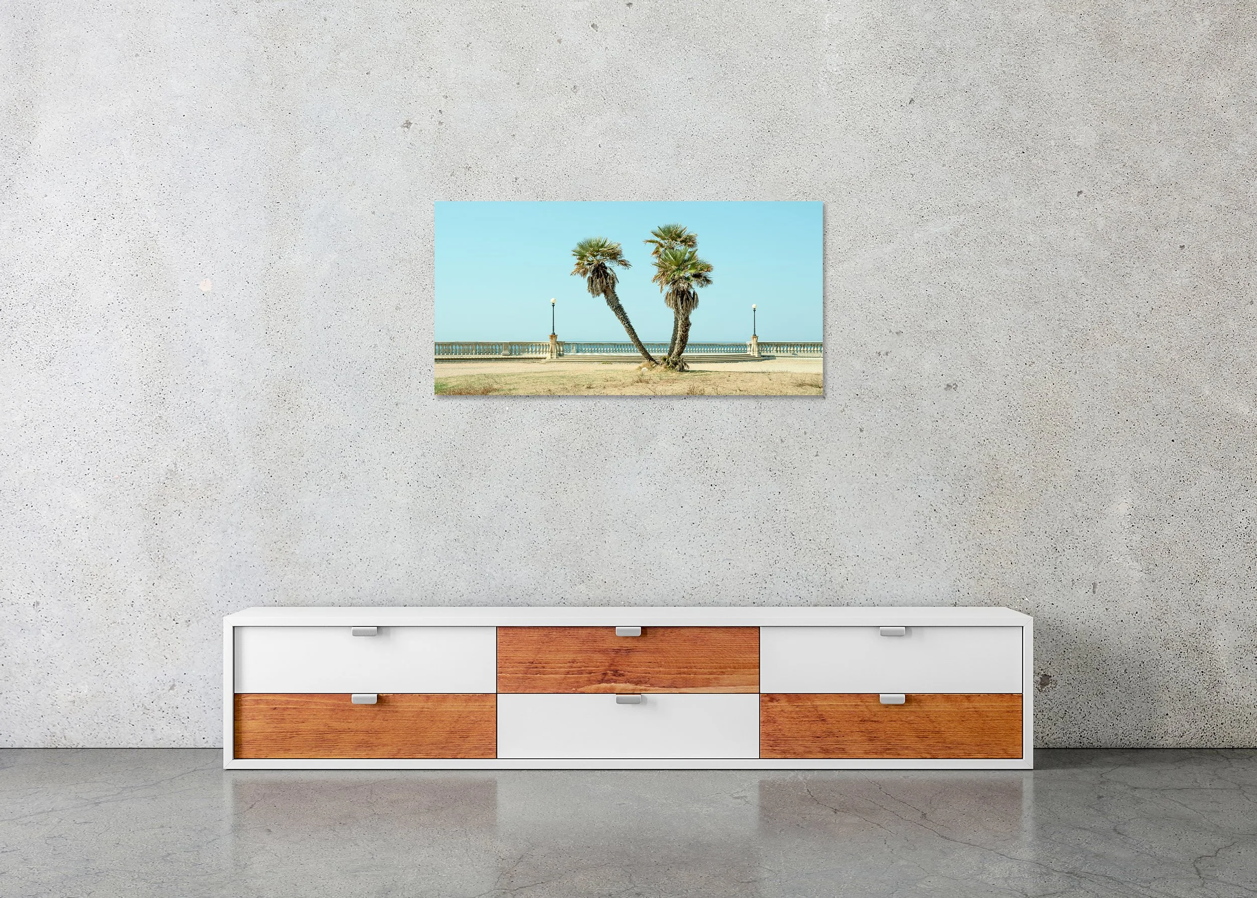 Twin Palms by the Sea – Tuscany, colour photo print mounted to frameless Dibond.