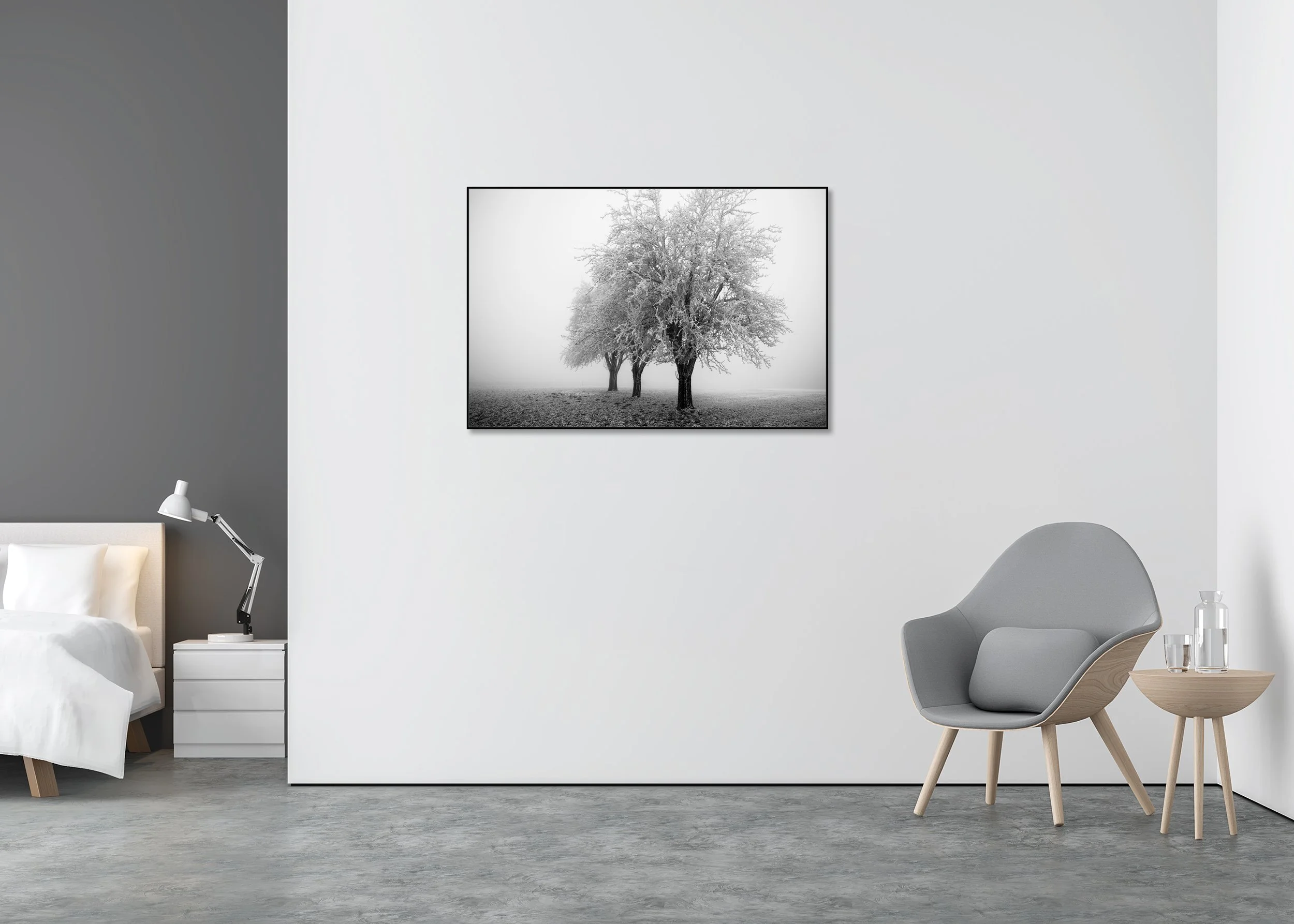 Snow-covered apple trees in dense fog across a quiet minimalist winter field, photo print mounted on Dibond in an aluminium ArtBox.