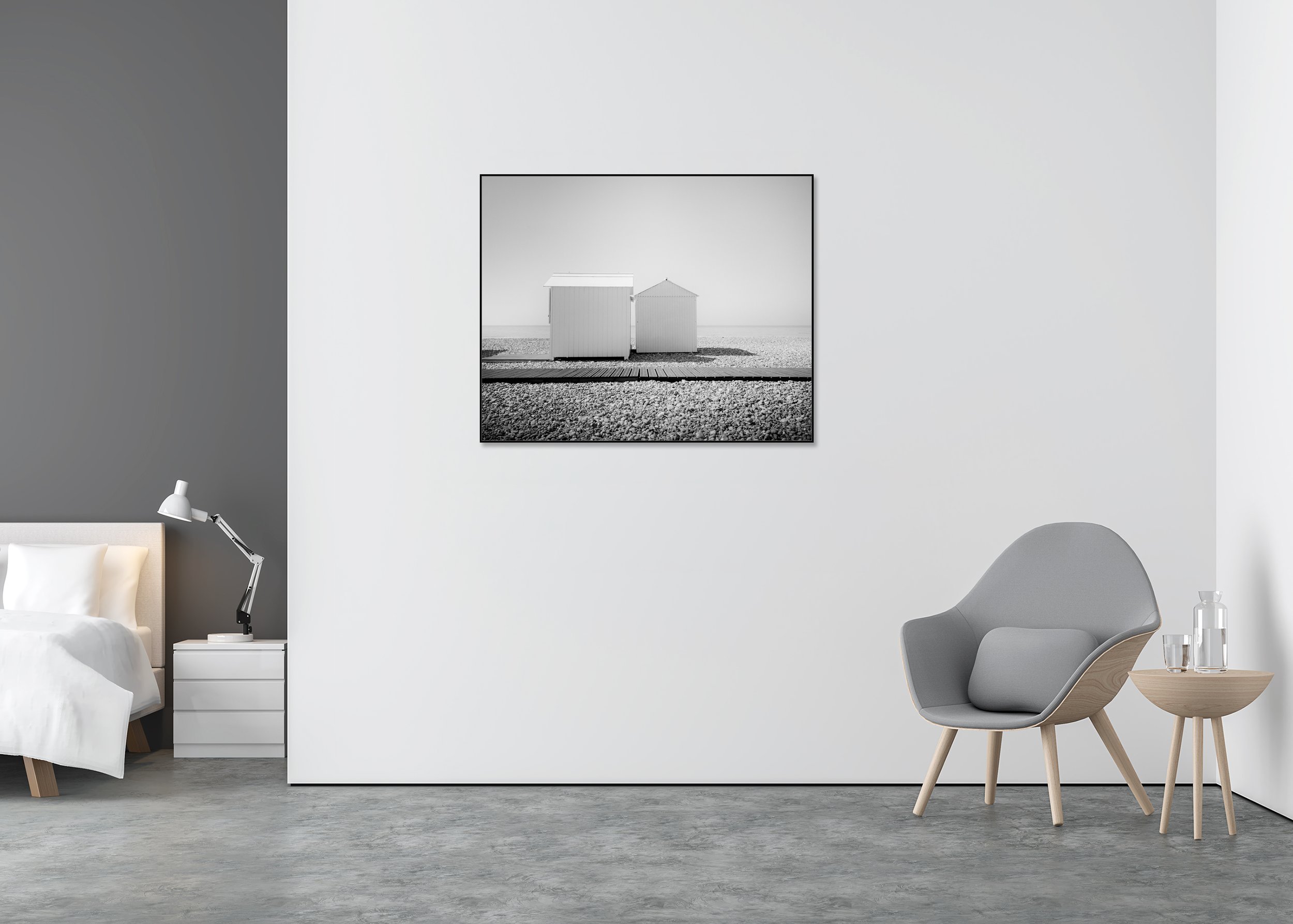 Esplanade Study 2 displayed in a modern interior as a black-and-white Dibond print in a black aluminium ArtBox by Gerald Berghammer.