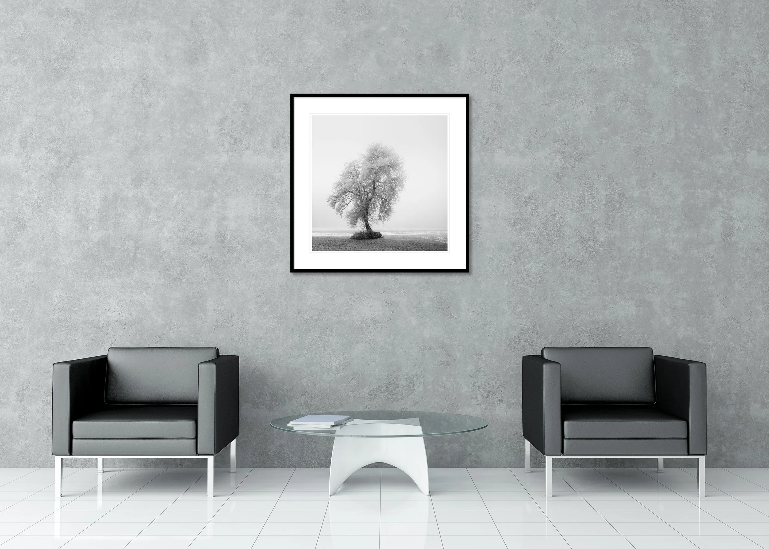 Frozen Farmland Study 2 displayed in a contemporary interior as an archival pigment print in a black aluminium frame with a white mount by Gerald Berghammer.