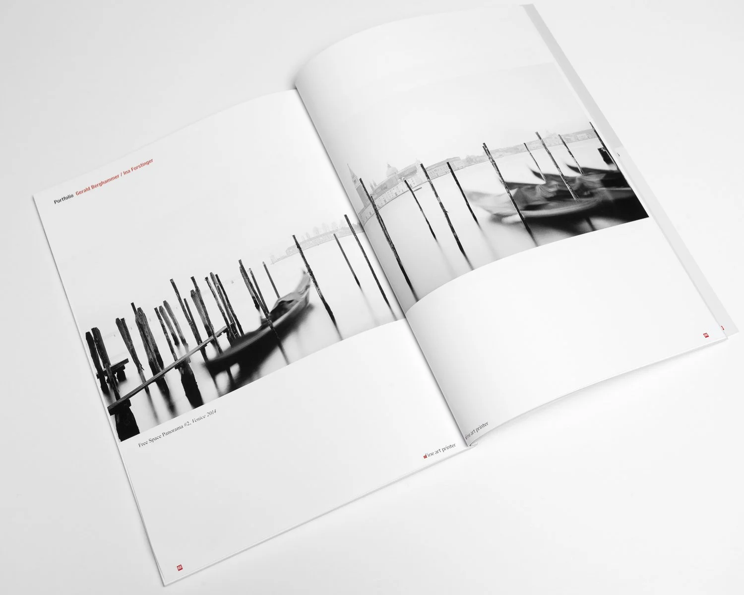 Fine Art Printer magazine spread featuring a panoramic black-and-white long-exposure photograph of gondolas in Venice by Gerald Berghammer.