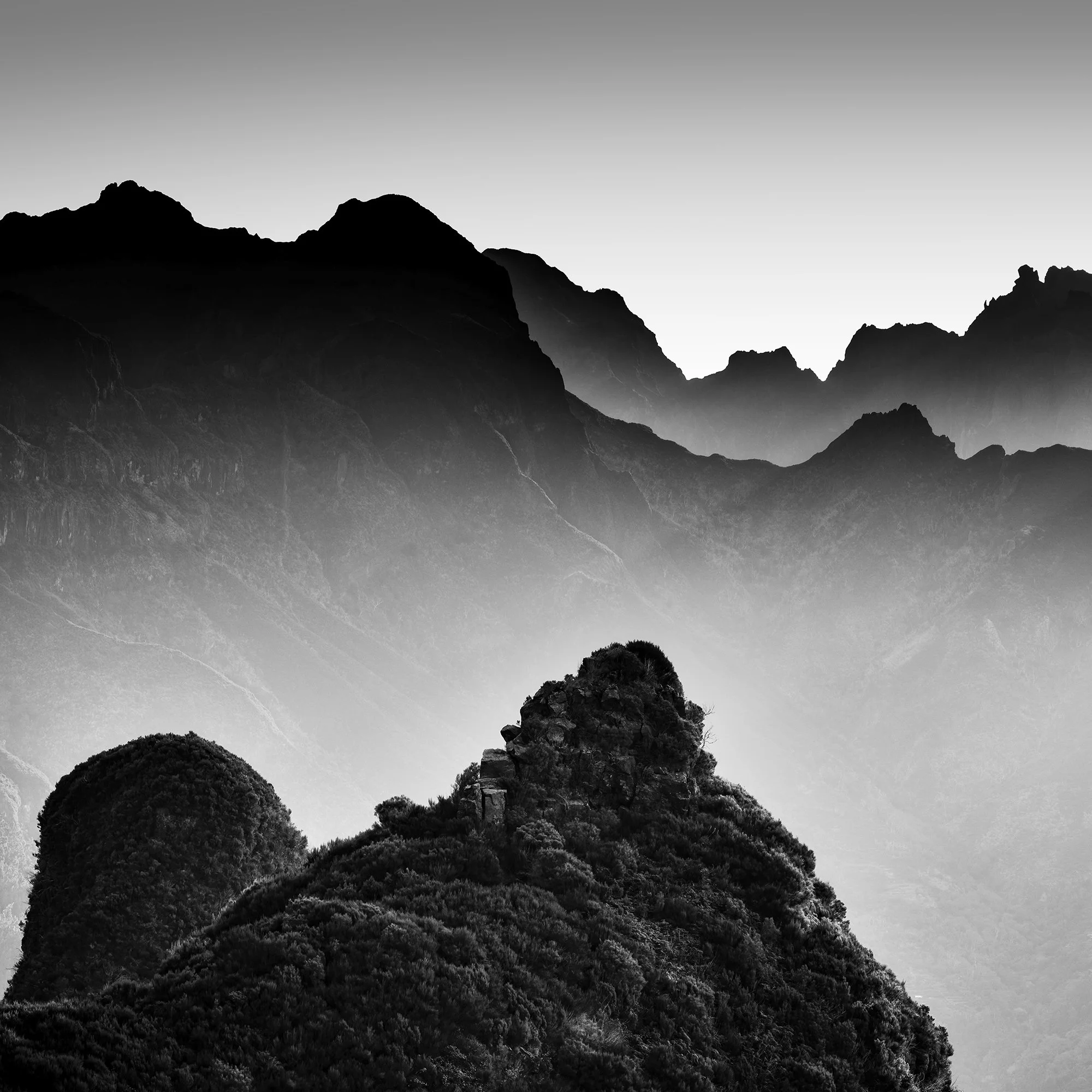 Detail view of Morning Light in the Mountains Study 3 by Gerald Berghammer showing misty mountain ridges in Madeira.