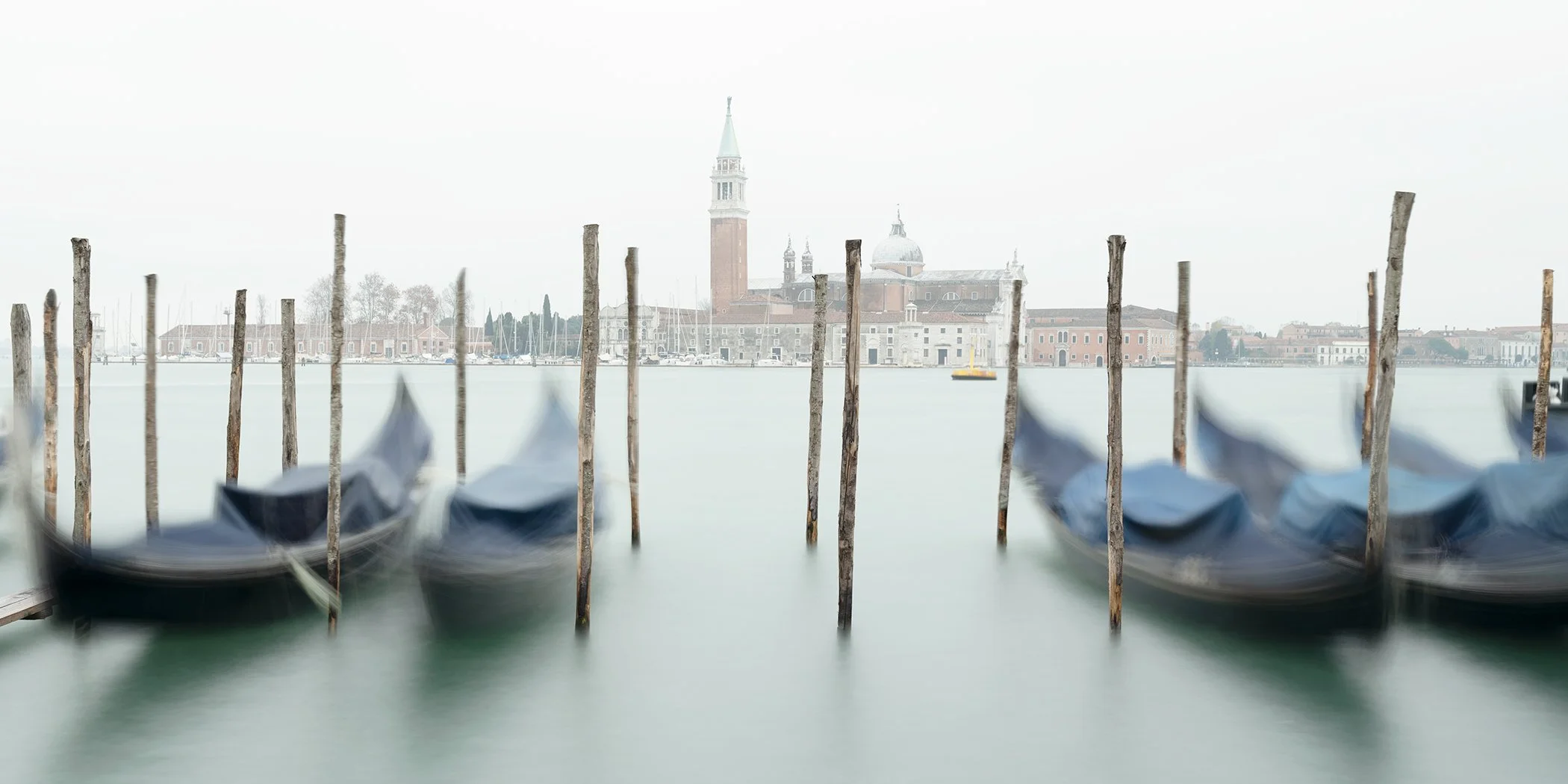 Free Space Panorama Study 2, panoramic colour fine art photograph of Venetian gondolas and San Giorgio Maggiore in Venice, Italy, by Gerald Berghammer.