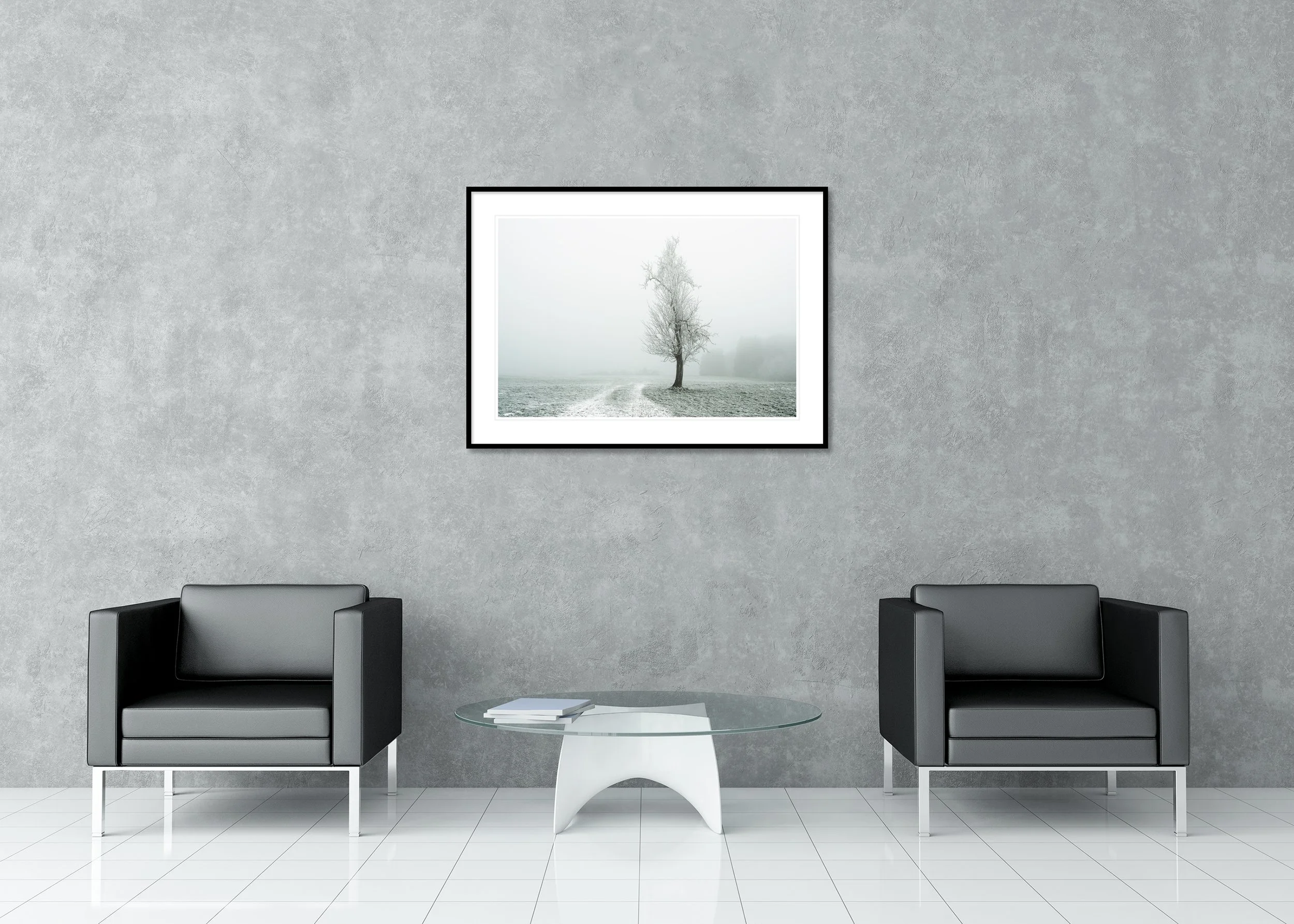 Lonely Tree on the White Path – Austria, colour archival pigment print in an aluminium frame with a white mount displayed in a modern interior.