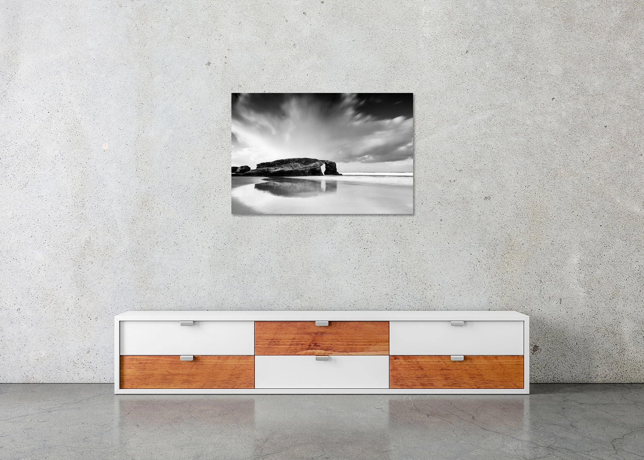 Minimalist black-and-white seascape of As Catedrais Beach, Spain, showing the rock arch and horizon line, photo print mounted to Dibond, frameless.
