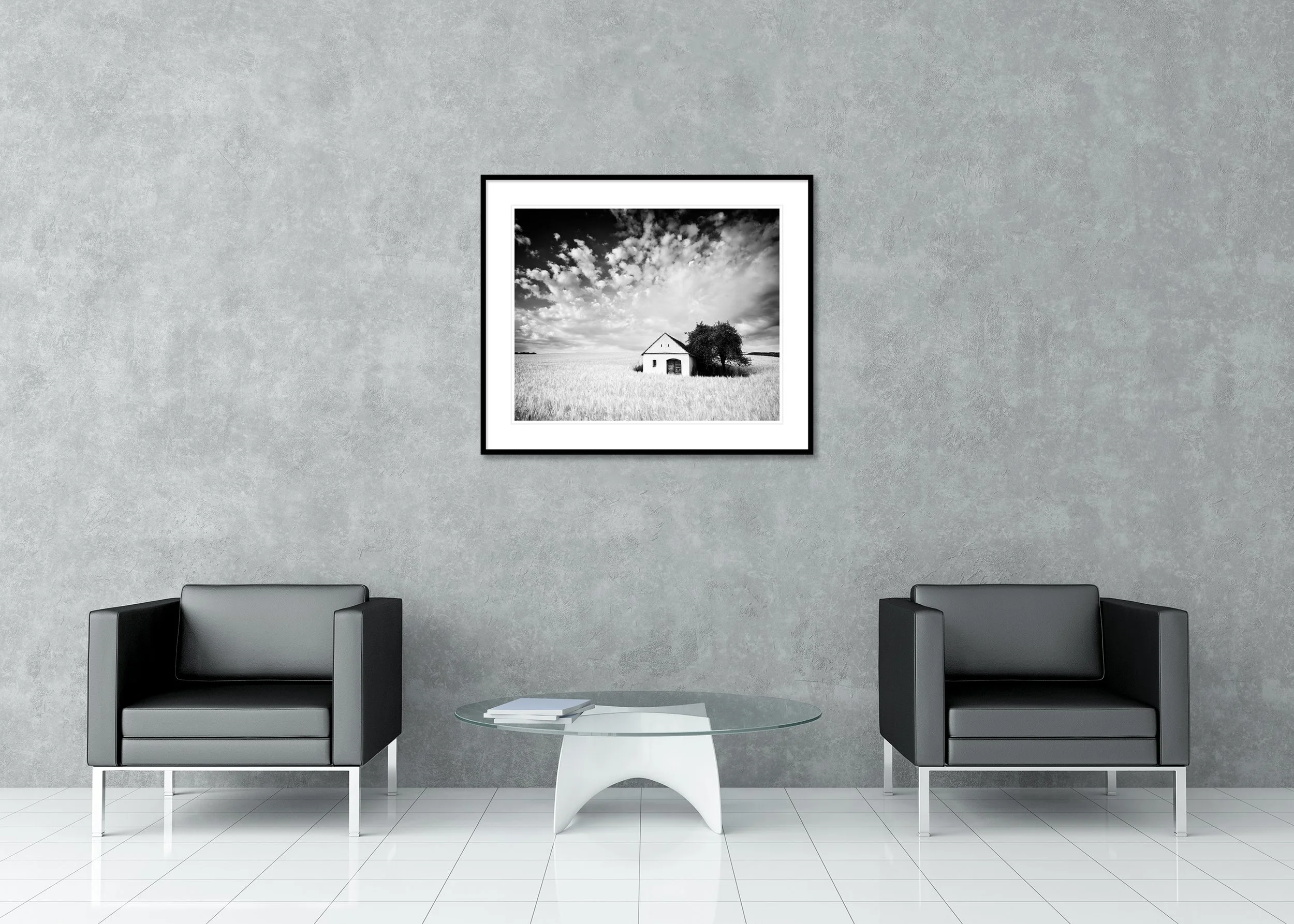 Wine Press House, Study 3 – archival pigment print in a black aluminium frame with a white mount displayed in a modern interior. Photo by Gerald Berghammer.