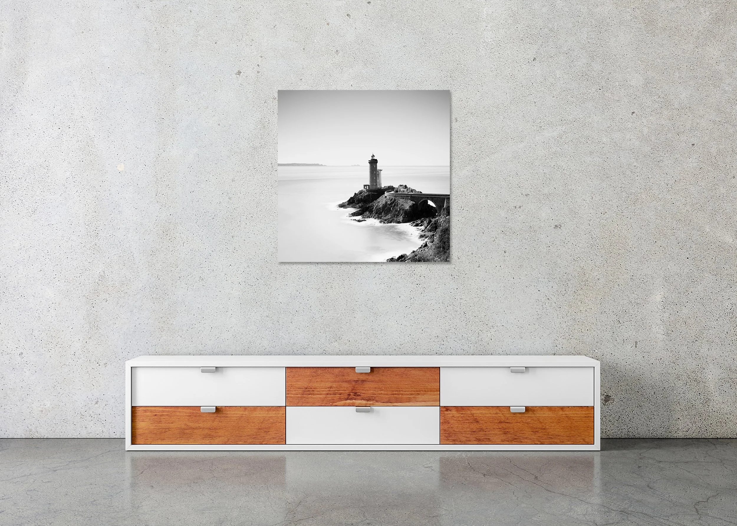Phare du Petit Minou Study 1 displayed in a modern interior as a frameless black-and-white aluminium Dibond print by Gerald Berghammer.