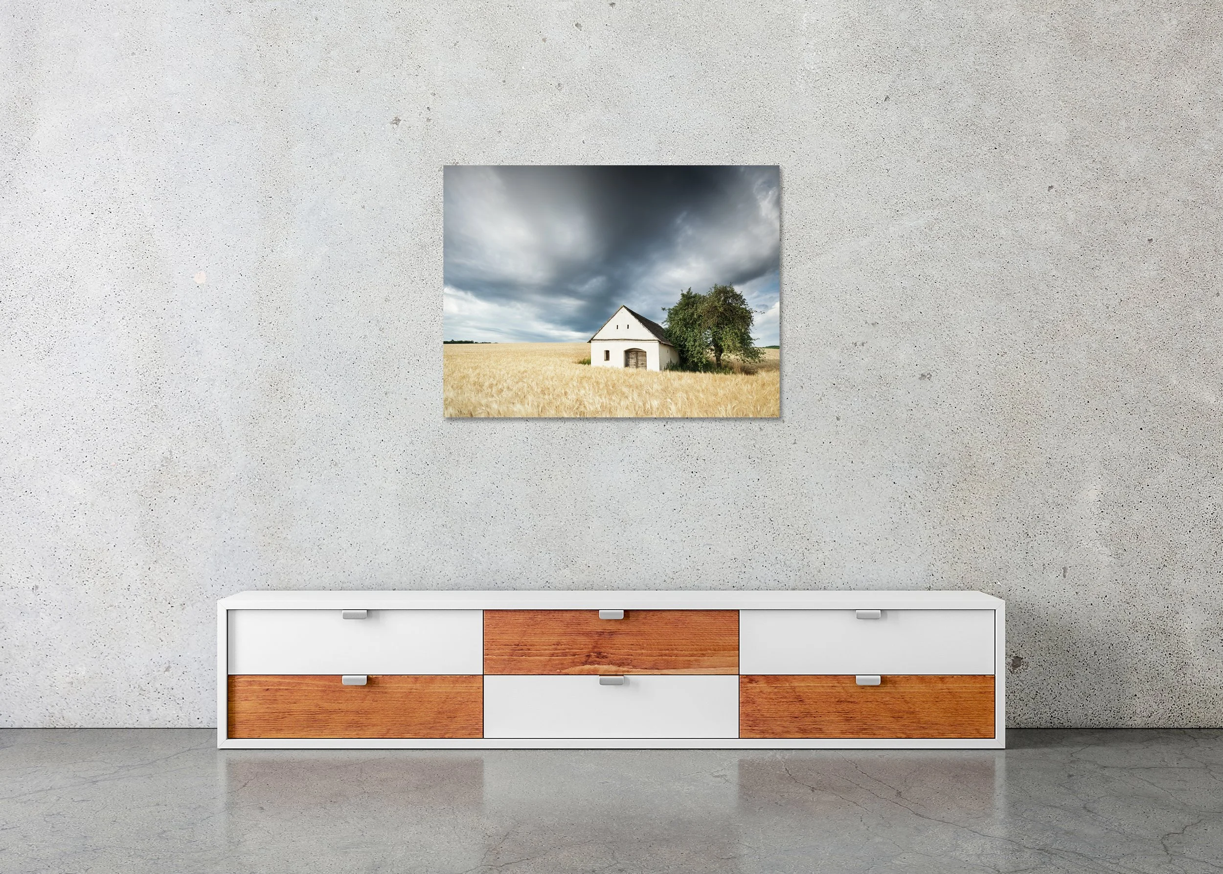 Historic wine press house in a golden field under dramatic overcast sky, photo print mounted on Dibond, frameless