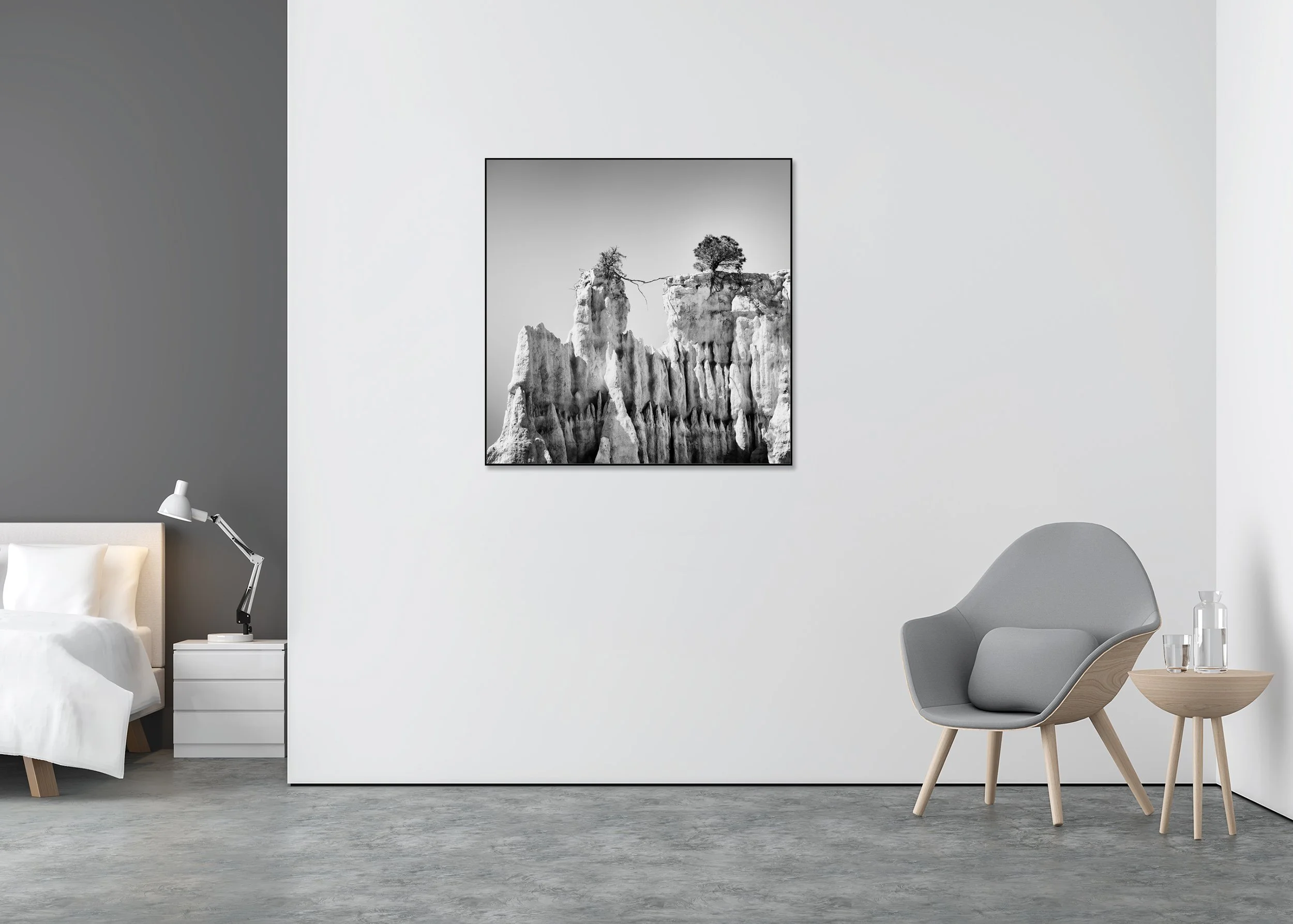 The Organs of Ille-sur-Tet Study 3 displayed in a modern interior, mounted on aluminium Dibond in a black ArtBox frame by Gerald Berghammer.