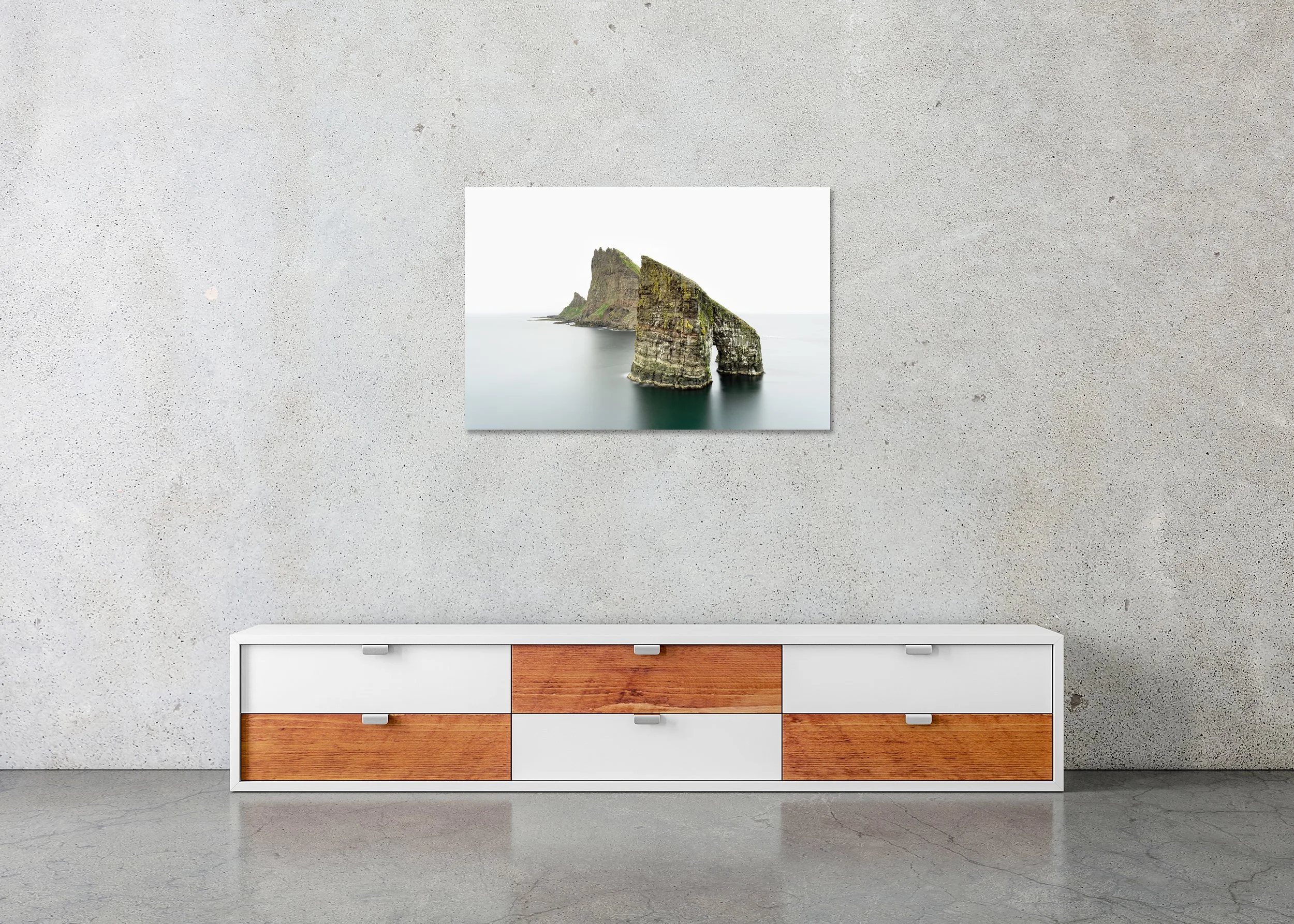 Drangarnir Sea Arch Panorama – Faroe Islands, colour photo print mounted to Dibond, frameless