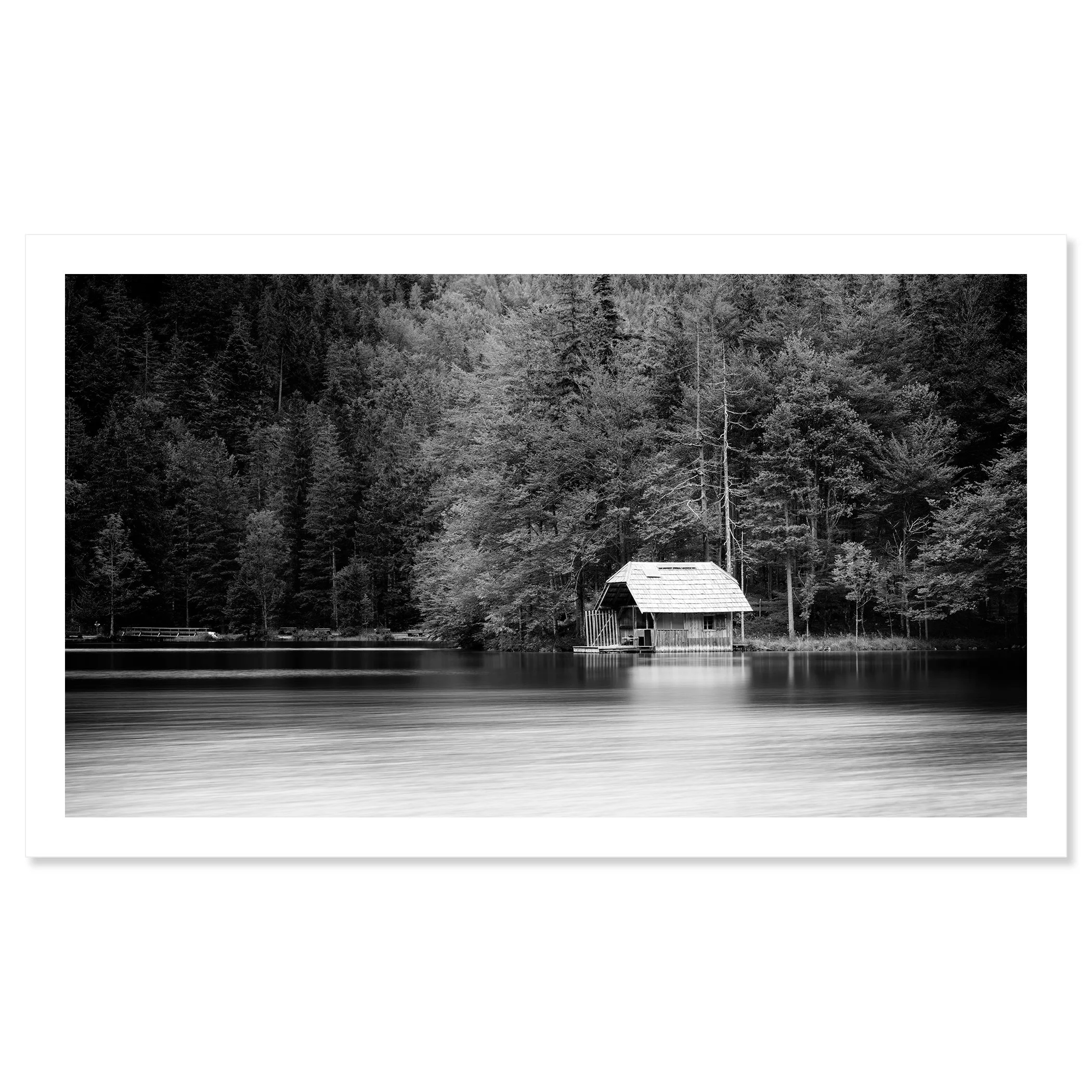 Wooden Boathouse Panorama shown as an archival pigment print with a white border by Gerald Berghammer.